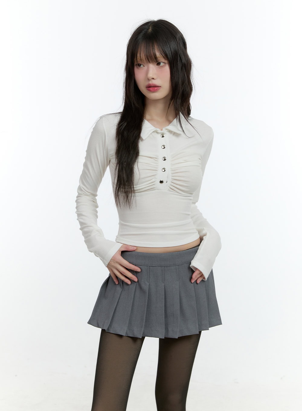 Shirring Long-Sleeve Collared Crop Top CF507