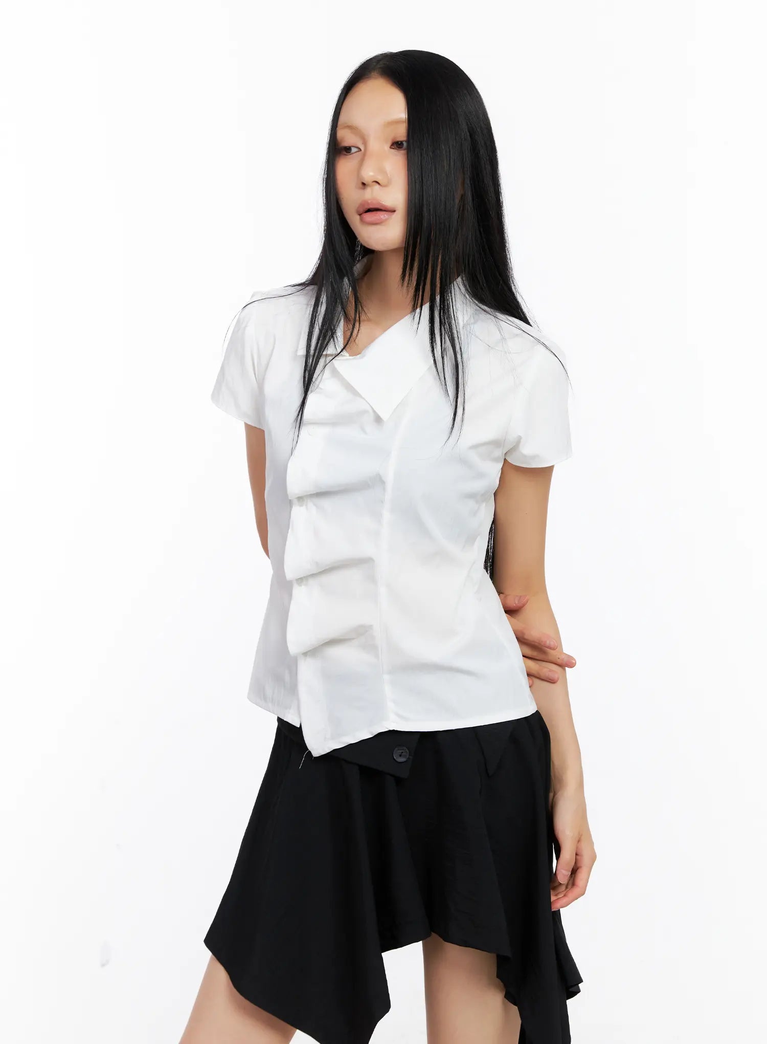 Asymmetric Collar Button-Down Blouse CL530