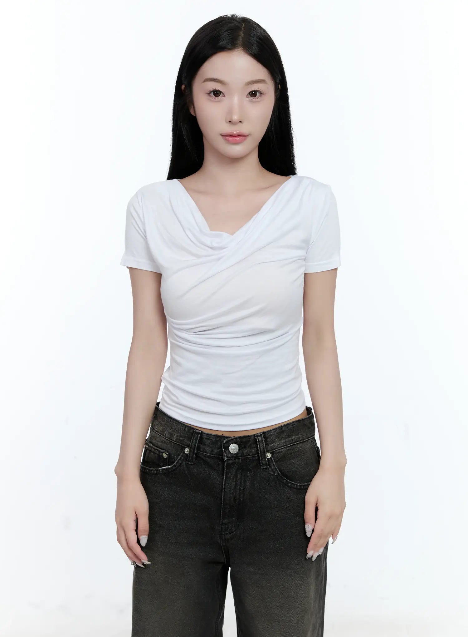 Shirred Draped Short-Sleeve Top CL530