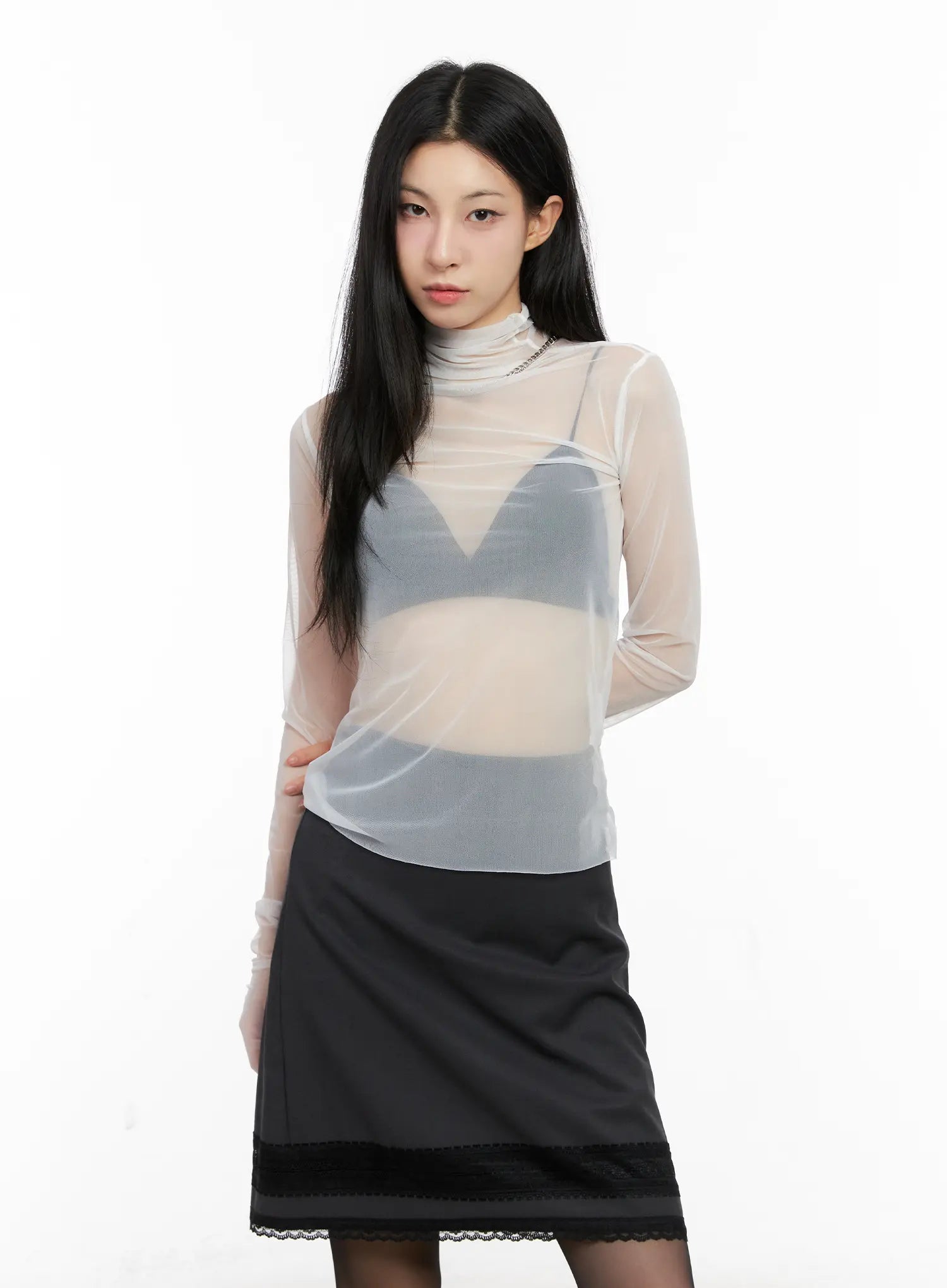 Sheer Turtleneck Long Sleeve Top CG525