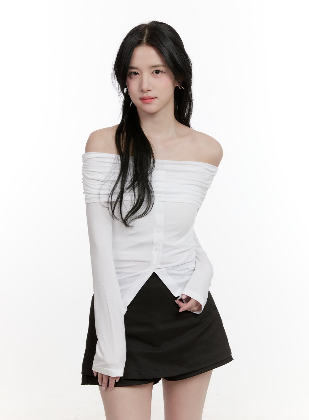 Shirred Off-Shoulder Buttoned Top CF528