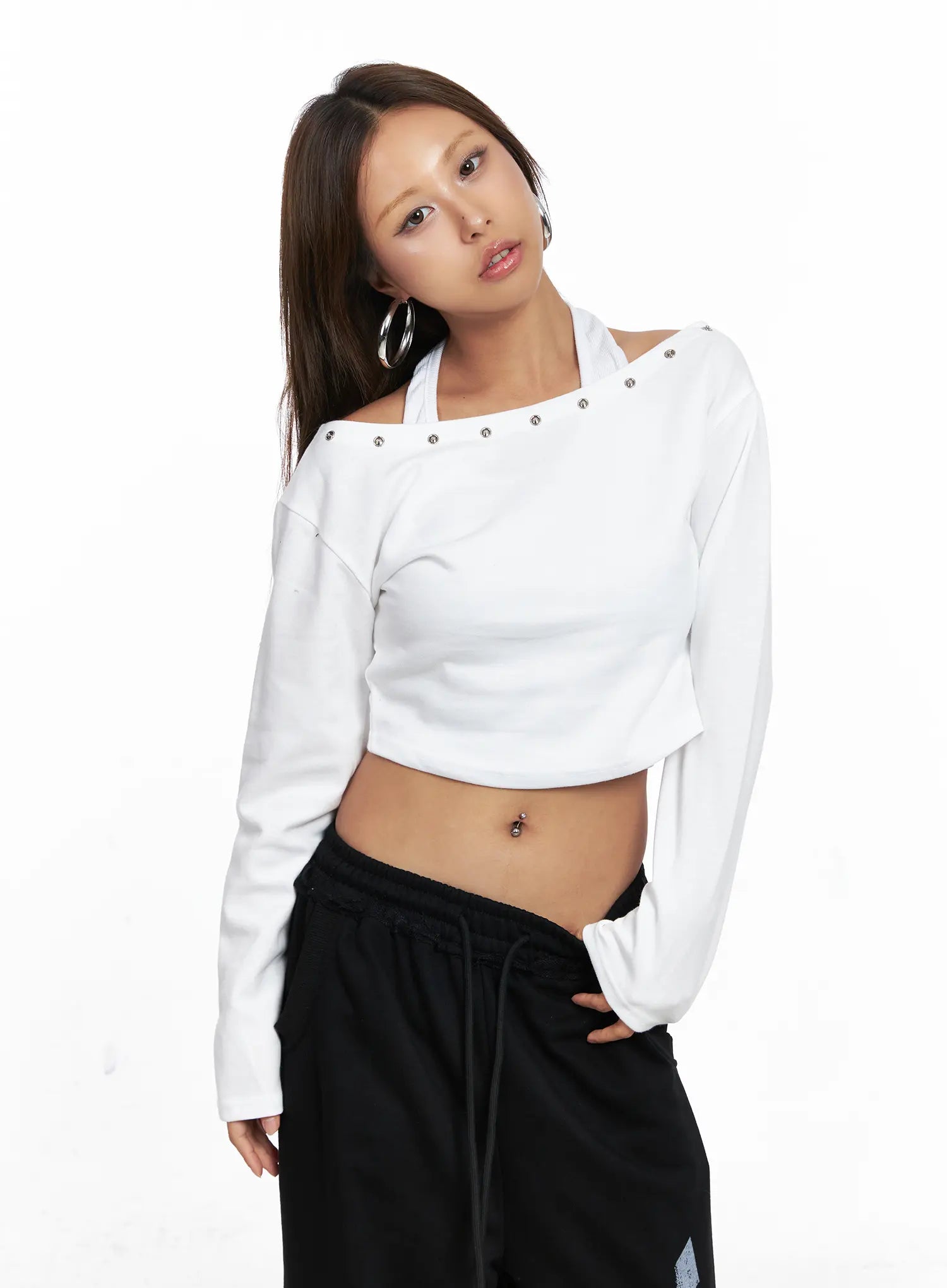 Eyelet Off-Shoulder Long Sleeve Crop Top CO510