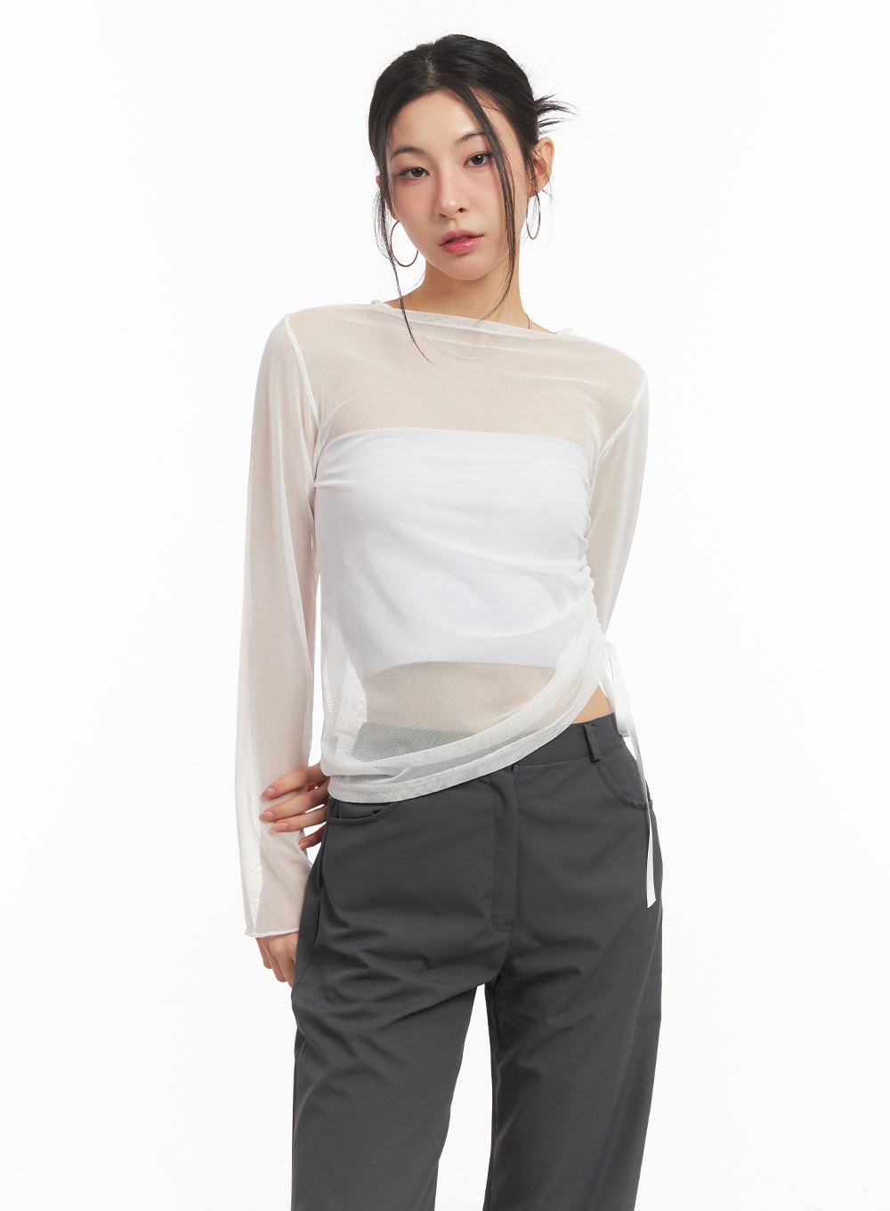 Sheer Shirring Ribbon Long-Sleeve Top CM503