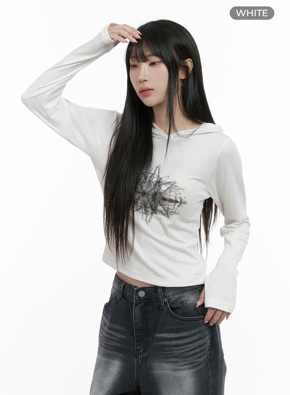 Printed Hand Warmer Long Sleeve Hood Top CS419