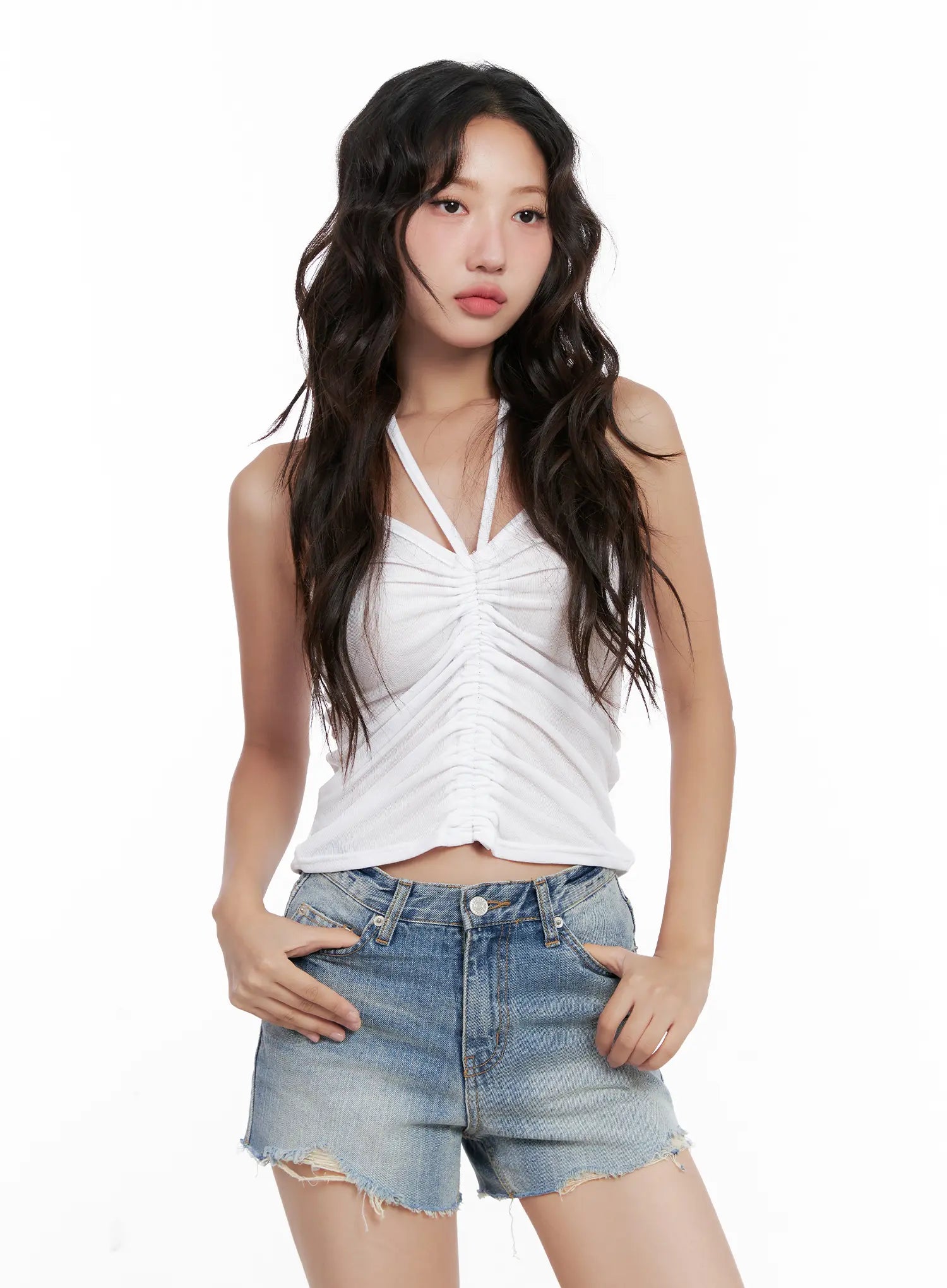Shirred Cropped Halter Tank CL521