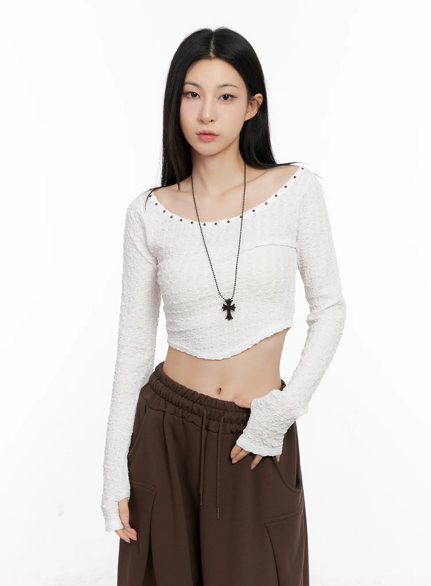 Cropped Eyelet Long Sleeve Top CG525
