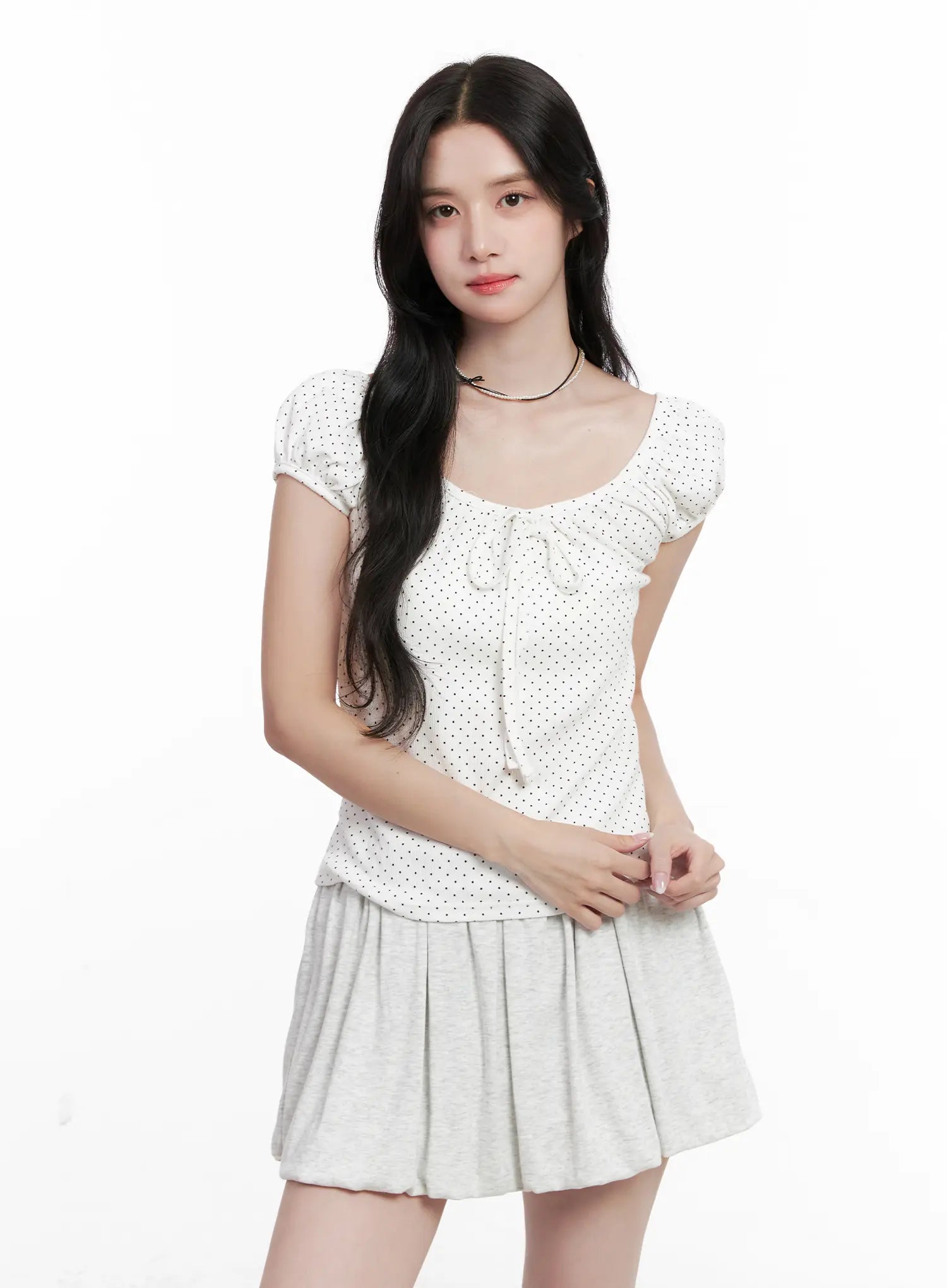 Polka Dot Puff-Sleeve Ribbon Top CL516