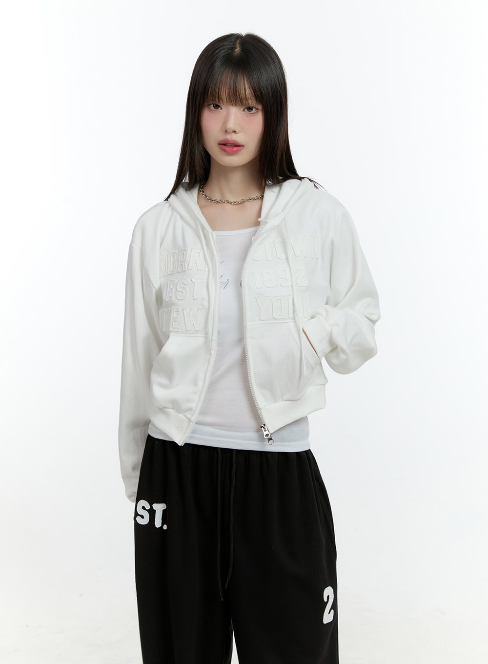 Embroidered Zip-Up Crop Hooded Jacket CF506