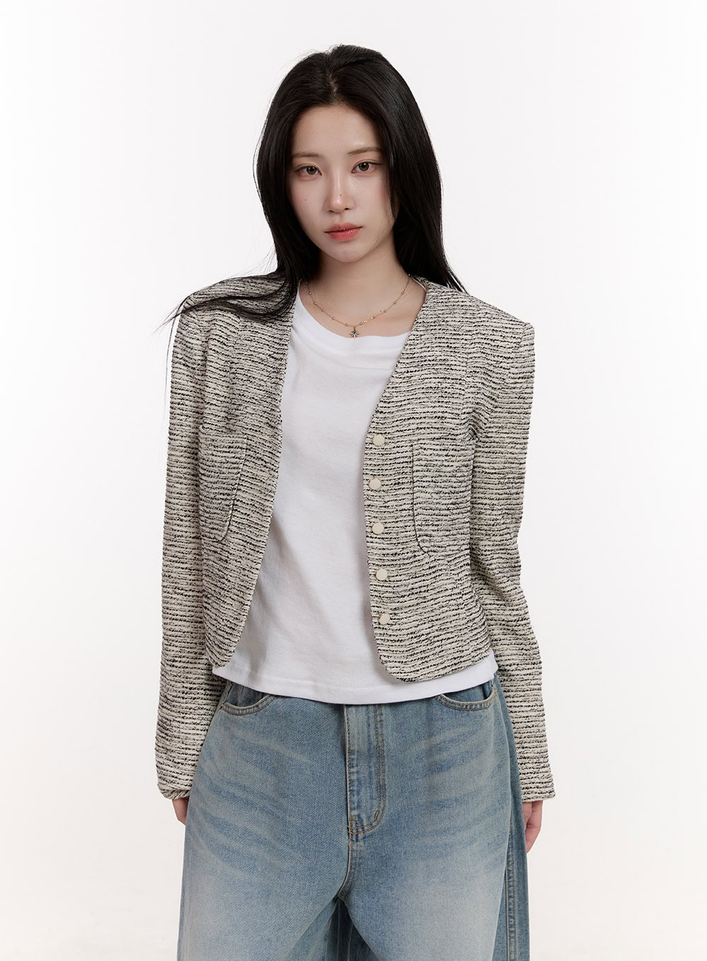 Tweed V-Neck Crop Cardigan CJ529