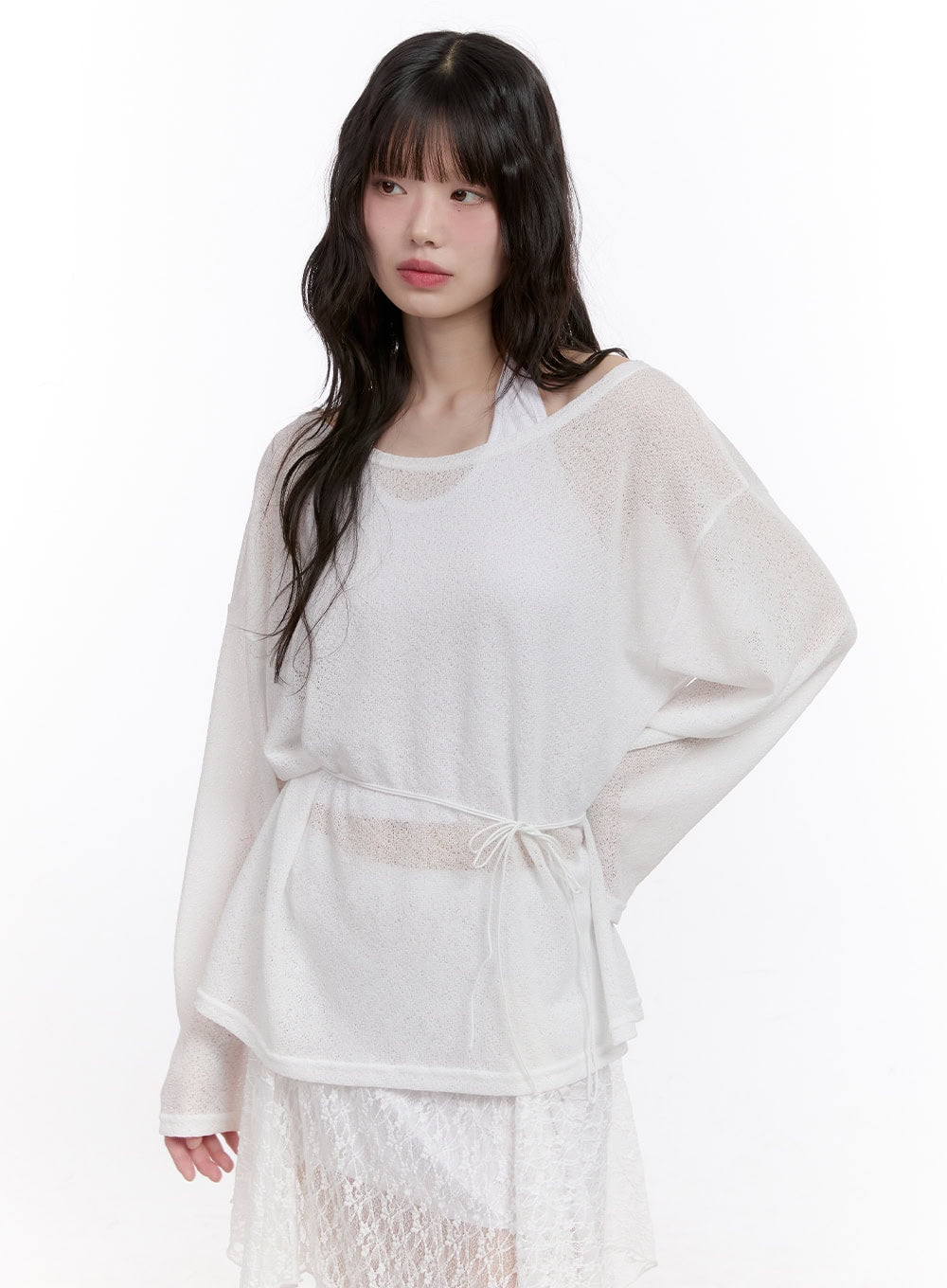 String Sheer Long-Sleeve Mesh Top CF511