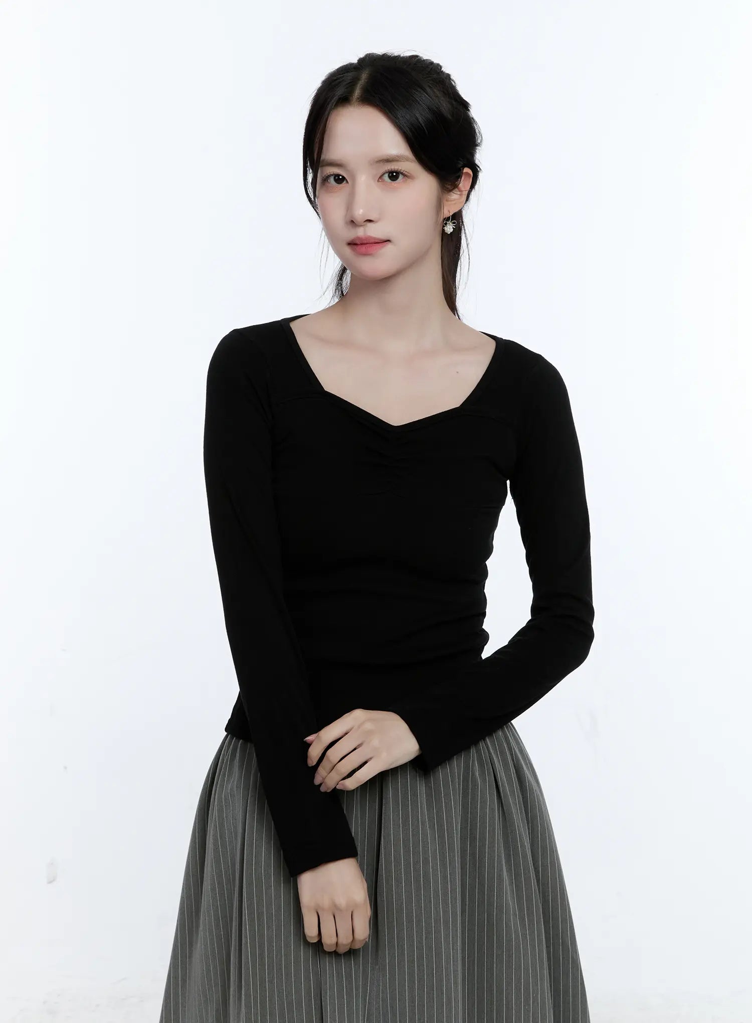 Heart Neck Shirred Long-Sleeve Top CG514