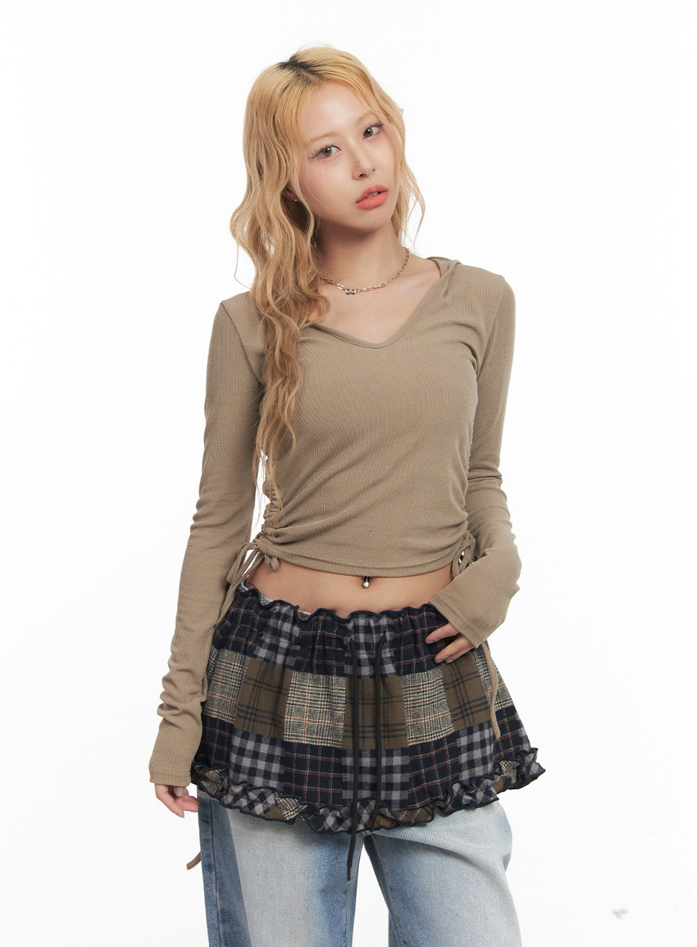 Shirred Ribbon Long-Sleeve Hooded Crop Top CM505