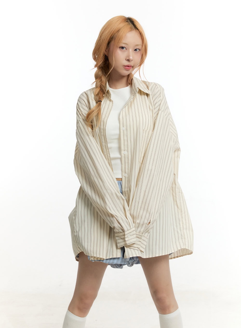 Striped Buttoned Oversized Collared Shirt CY505