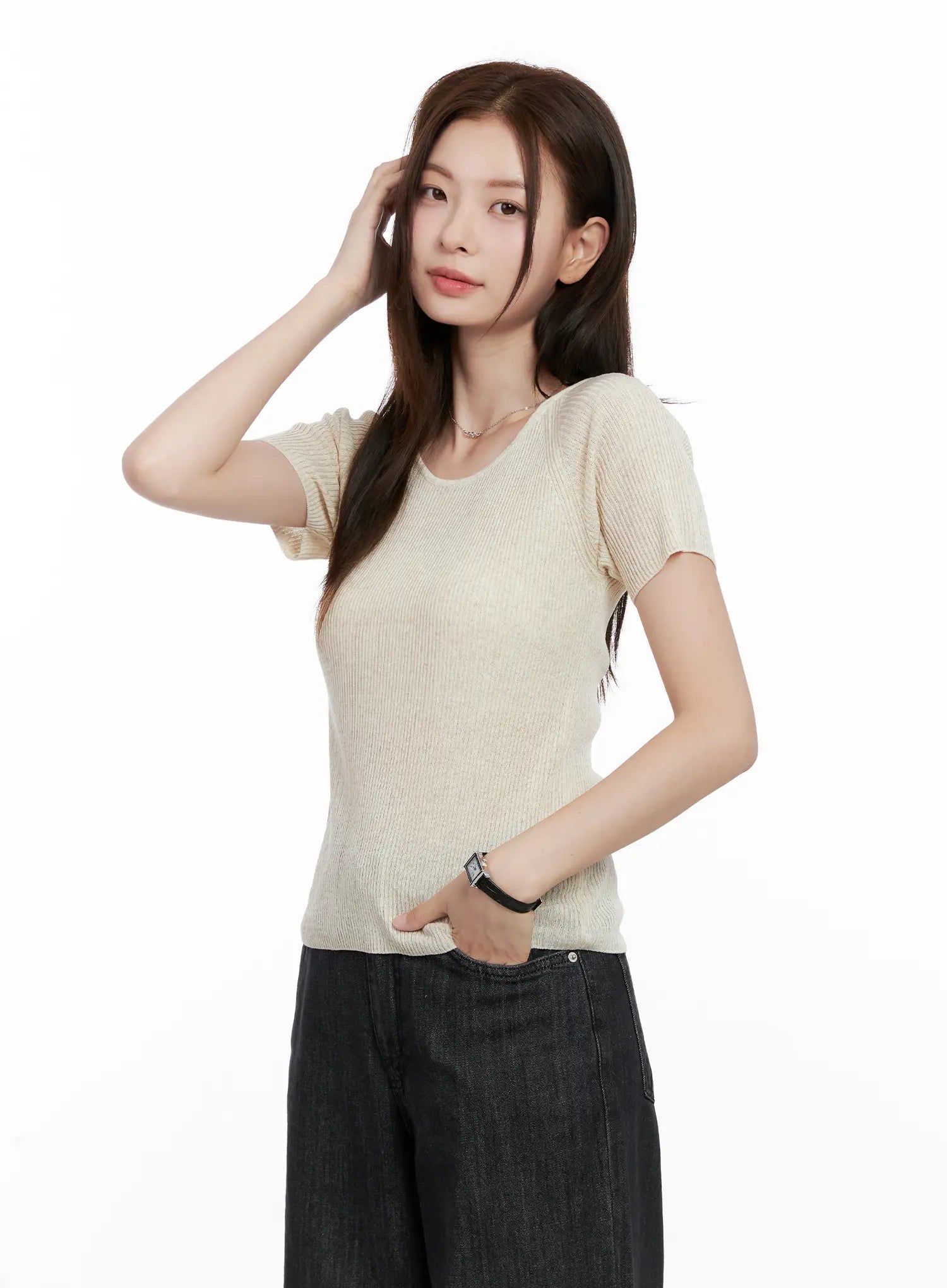 Scoop Neck Short Sleeve Knit Top CL523