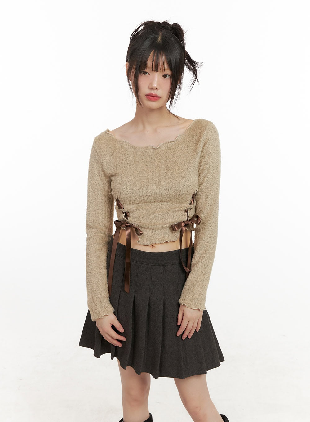 Ribbon Boat-Neck Long-Sleeve Crop Top CJ501