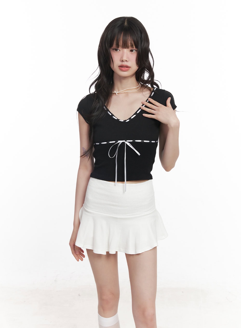 Ribbon V-Neck Crop T-Shirt CY520