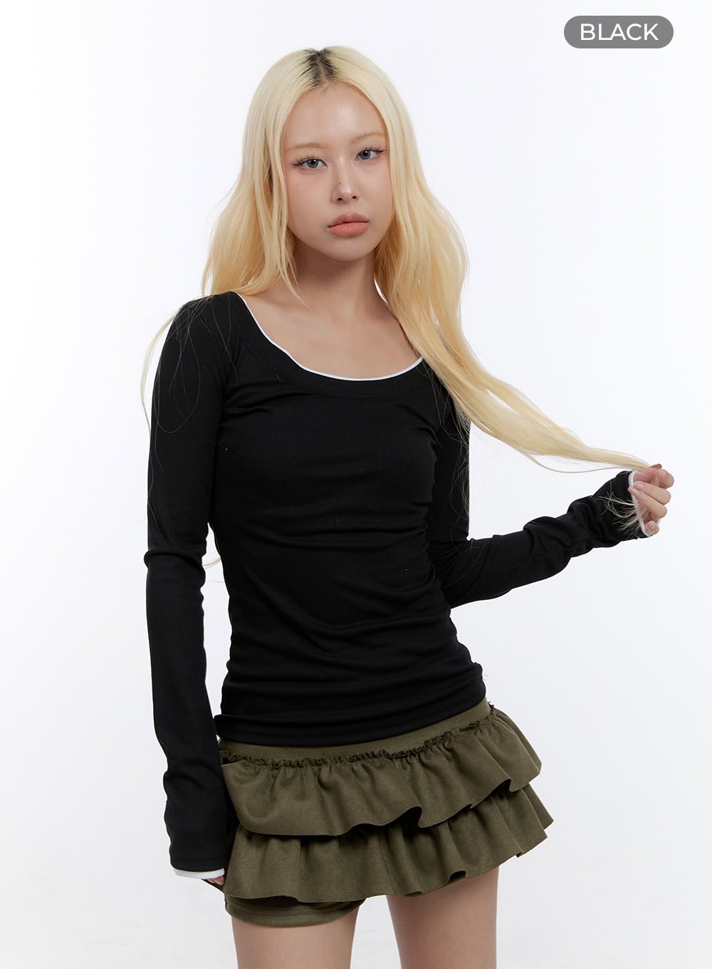 Solid U-Neck Long Sleeve Top CO423