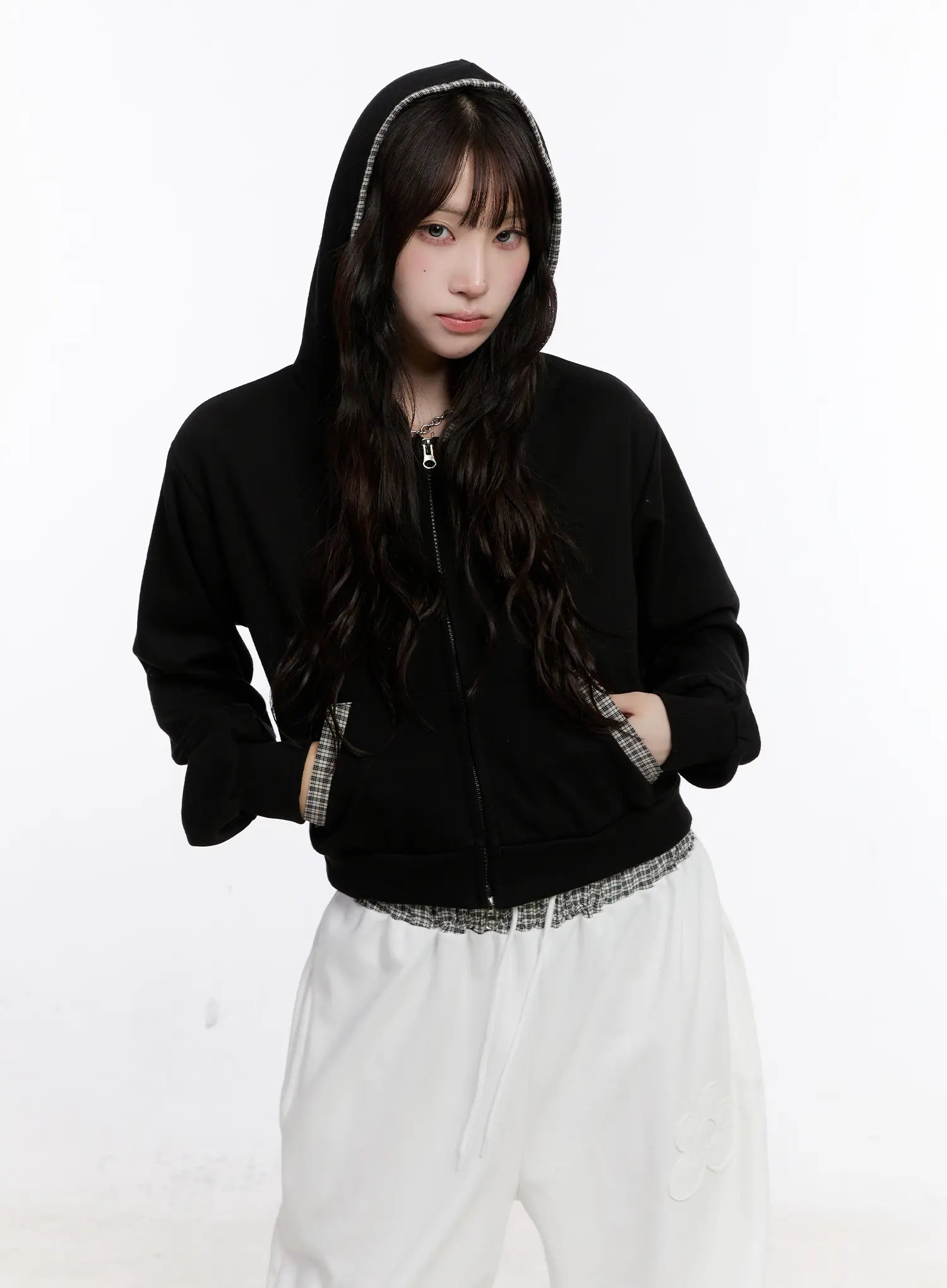 Plaid Trim Crop Zip-Up Hoodie CS530