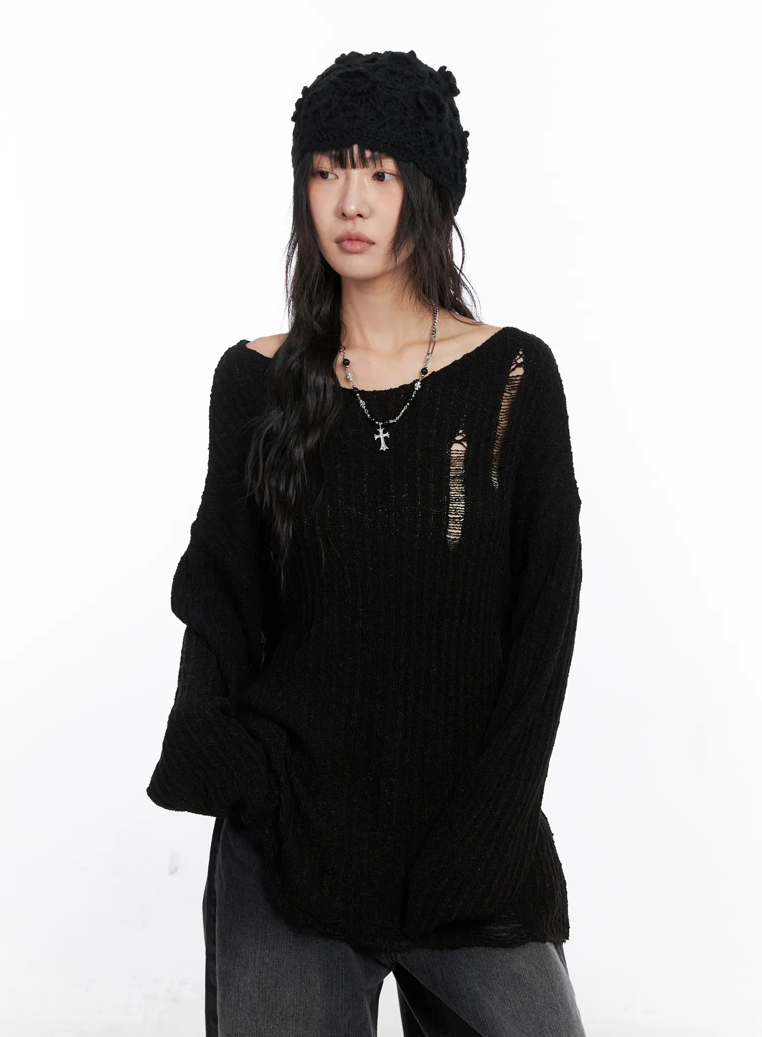 Distressed Off-Shoulder Sweater CC1809