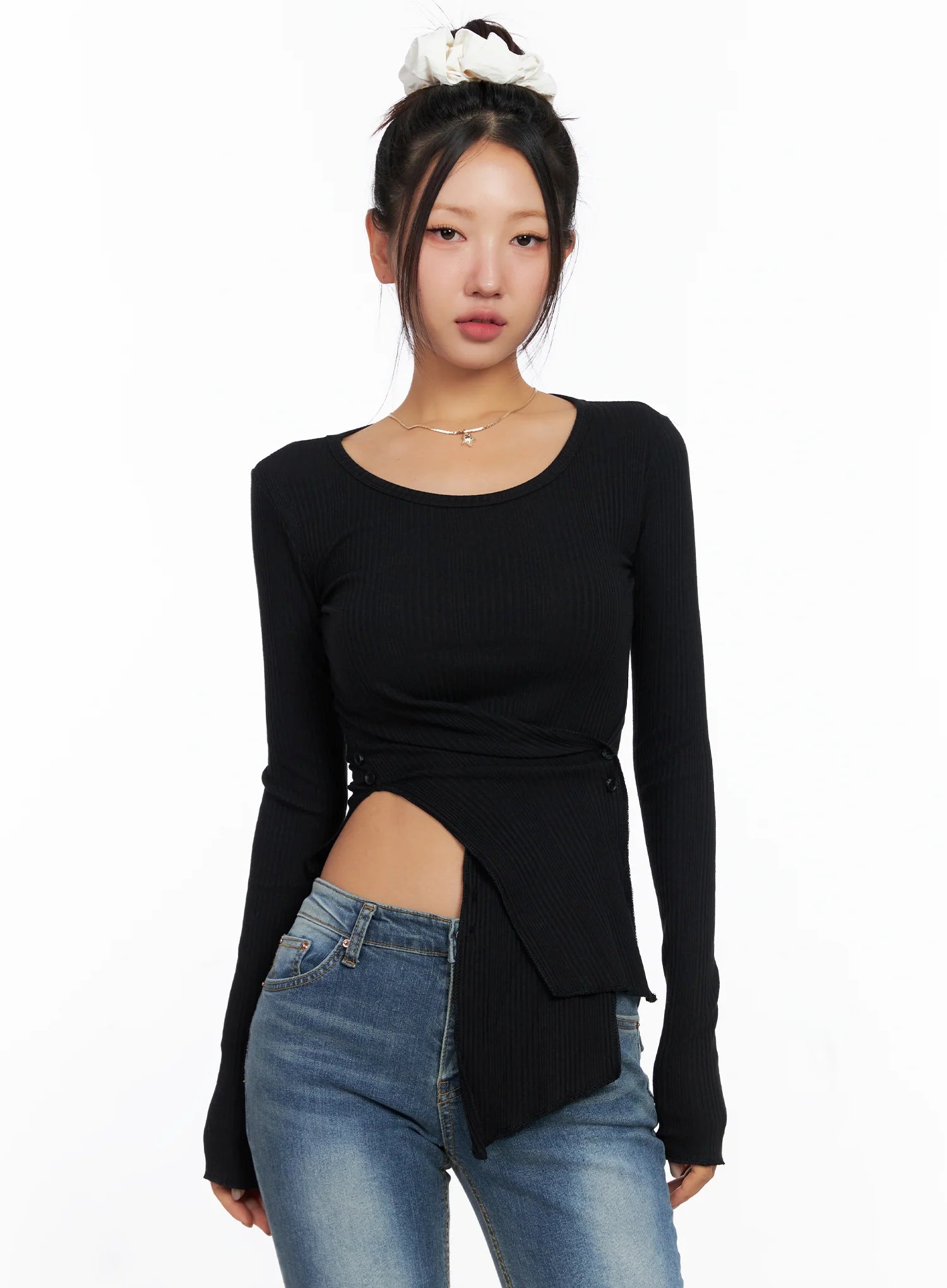 Ribbed U-Neck Button Detail Long Sleeve Top CO514