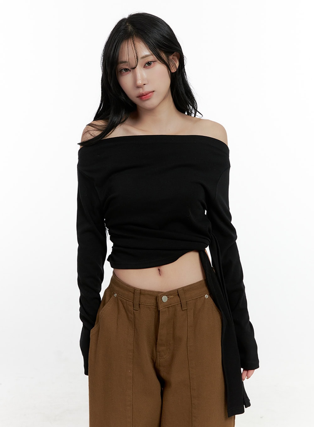Strap Solid Long Sleeve Crop Top CN408