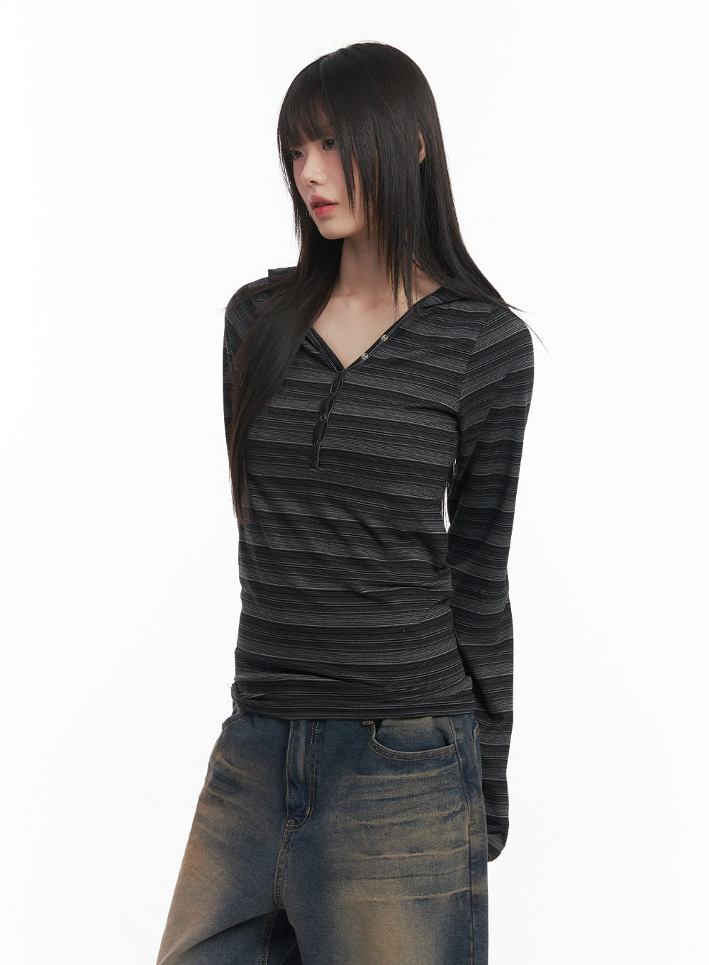 Striped Buttoned Slim-Fit Hoodie CF519