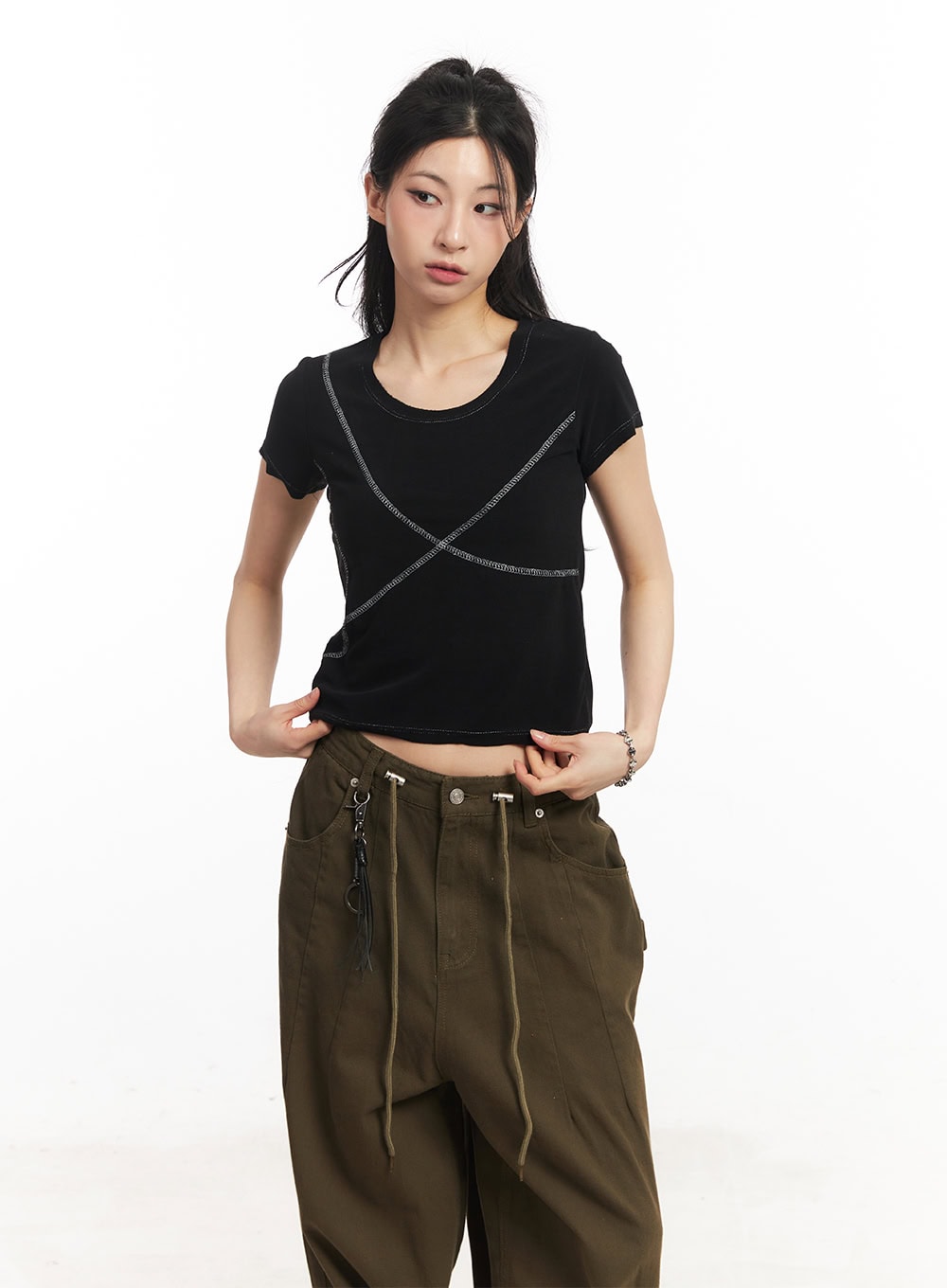 Contrast-Stitch Crop Tee CA514