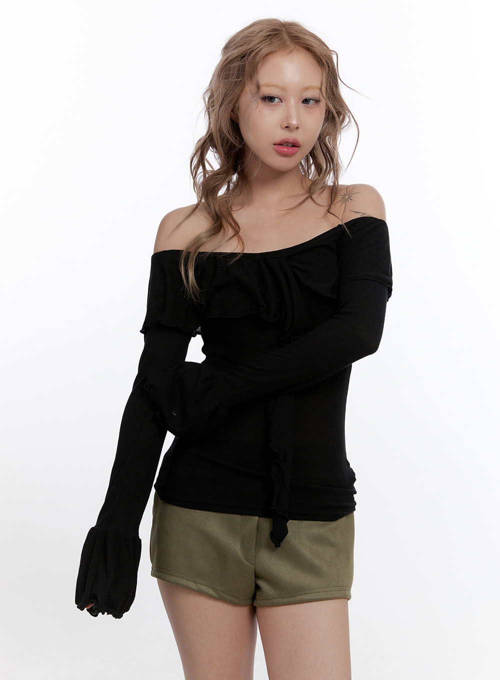 Solid Off Shoulder Long Sleeve Top CN422