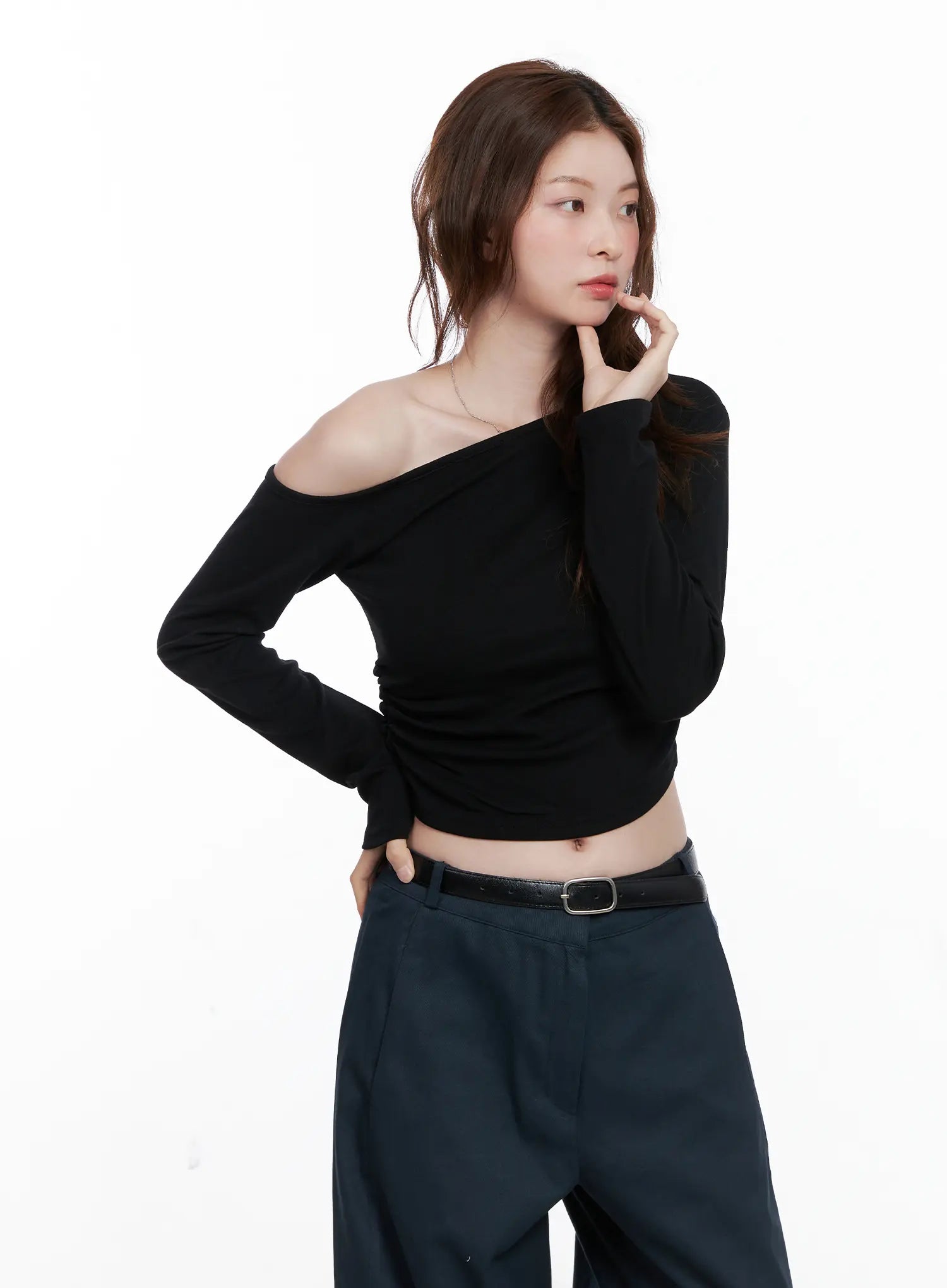 Asymmetric Off-Shoulder Ruched Top CG521