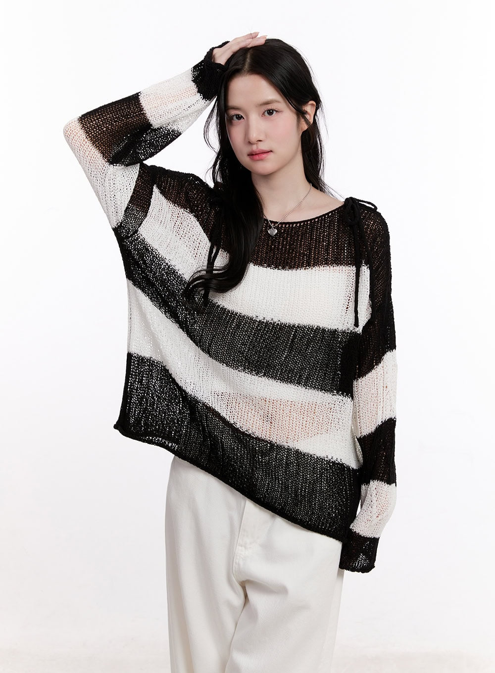 Mesh Ribbon Stripe Sweater CM527