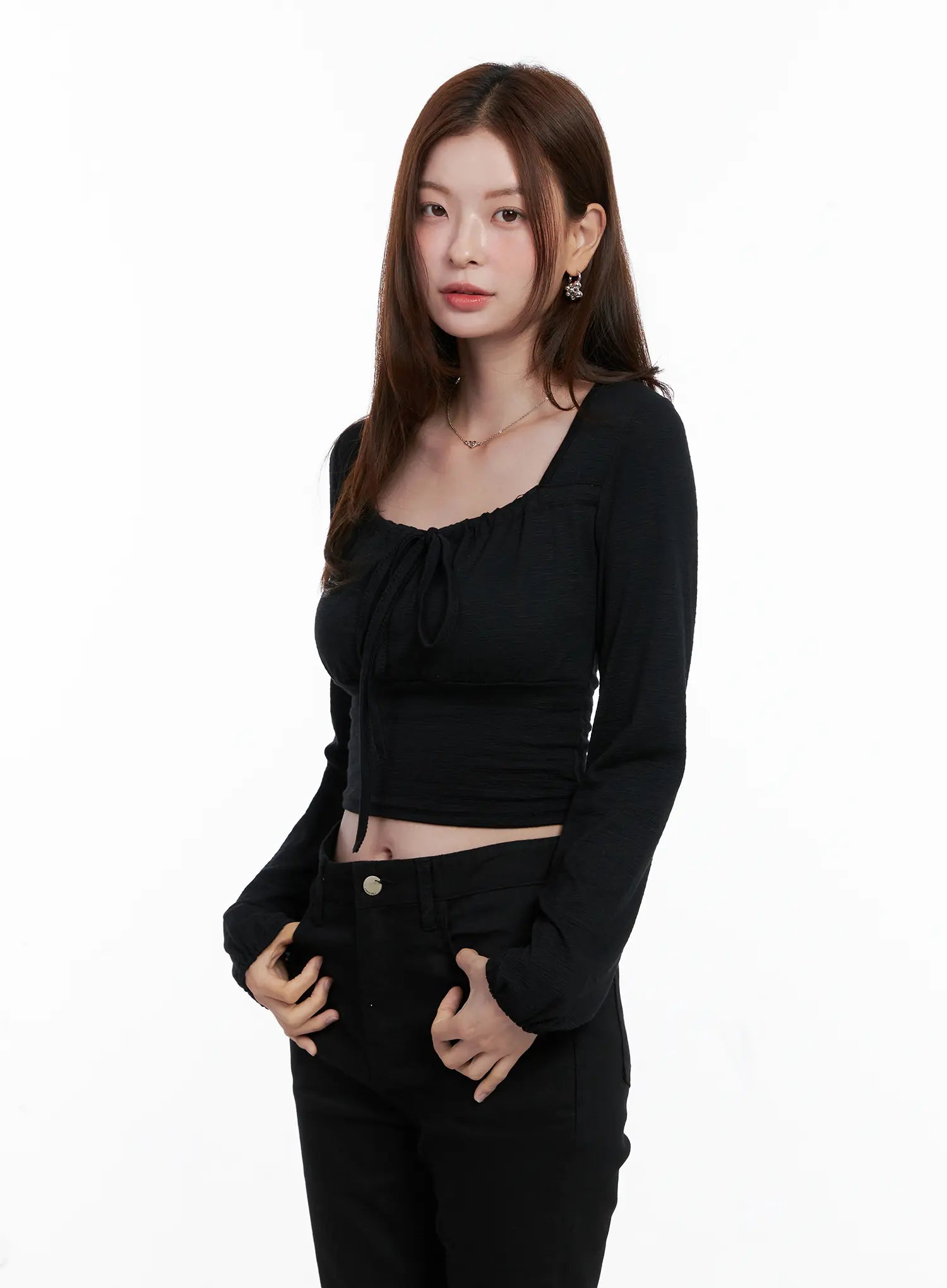 Long Sleeve Shirred Ribbon Crop Top CG521