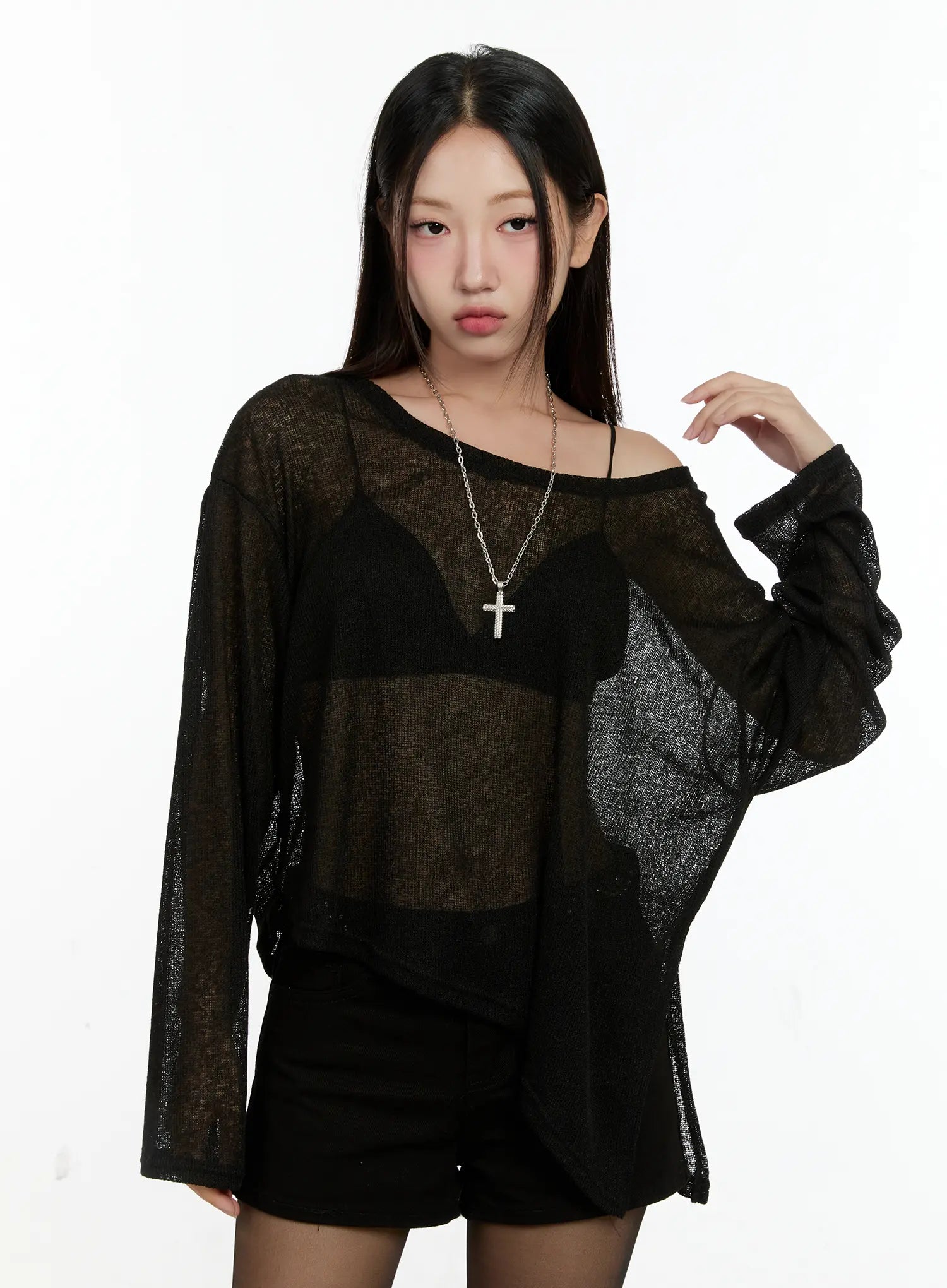 Off-Shoulder Sheer Long-Sleeve Top CG501