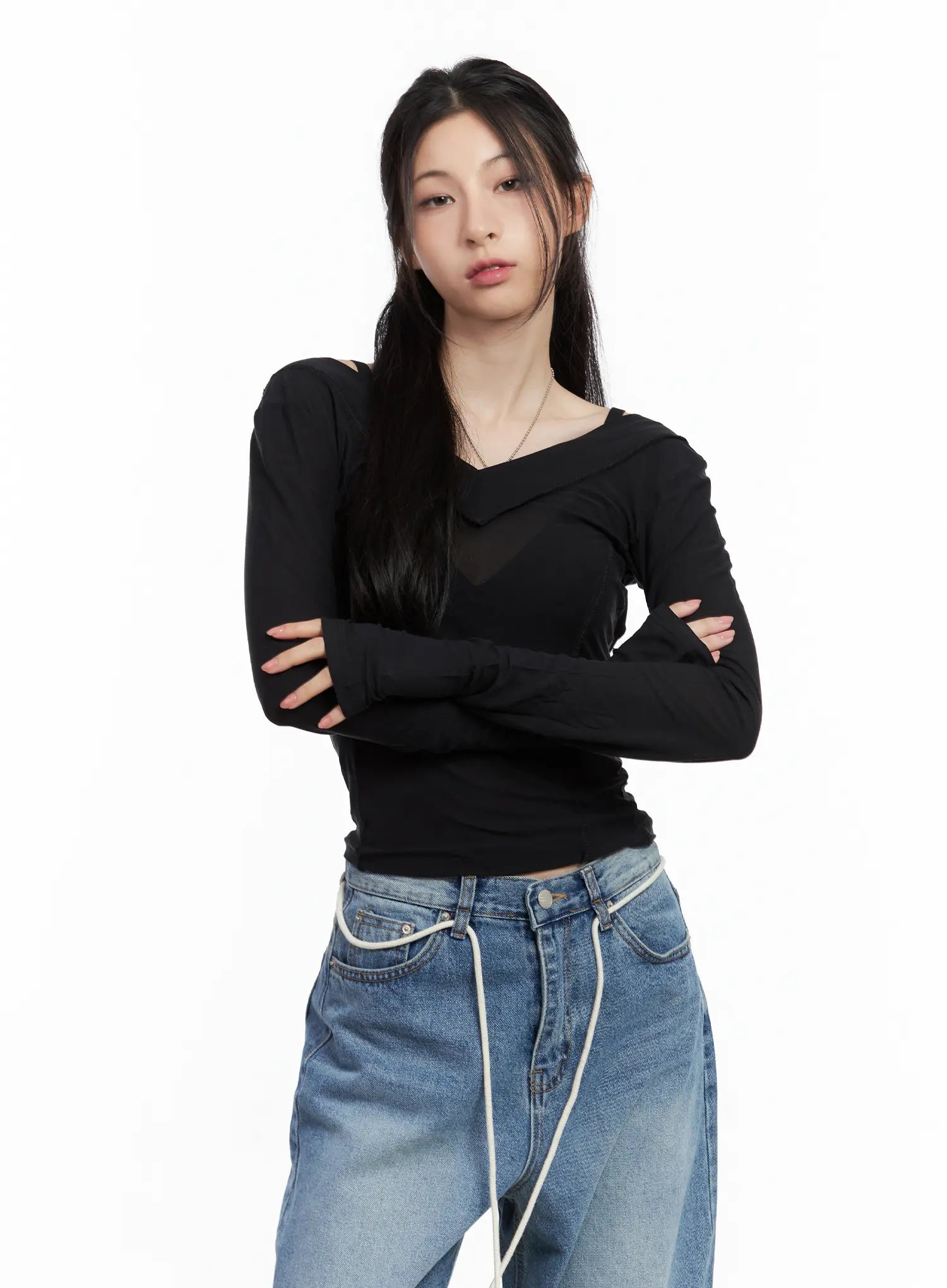 Sheer Back-Slit Long-Sleeve Tee CU530