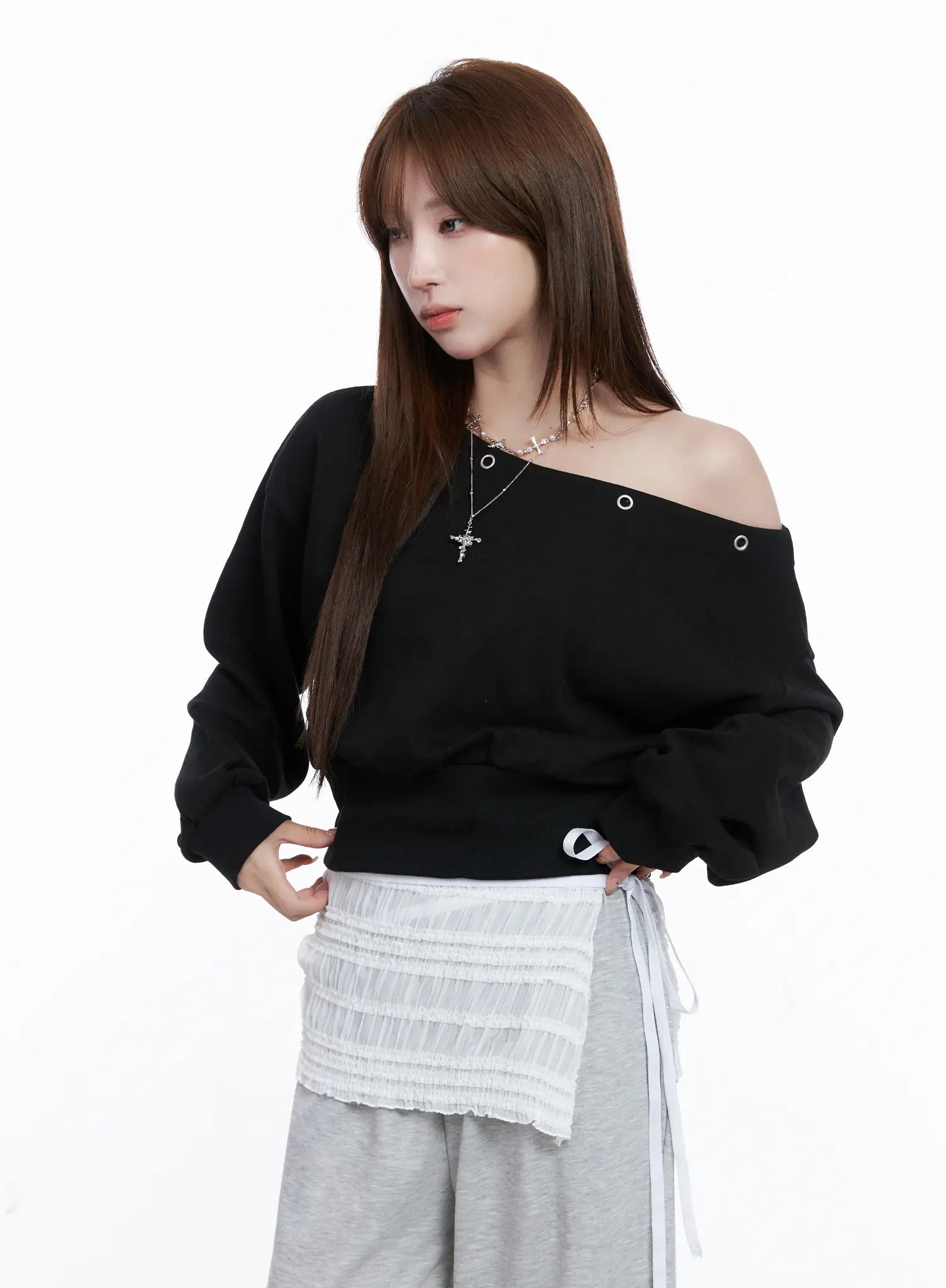 Off-Shoulder Eyelet Sweatshirt CG529