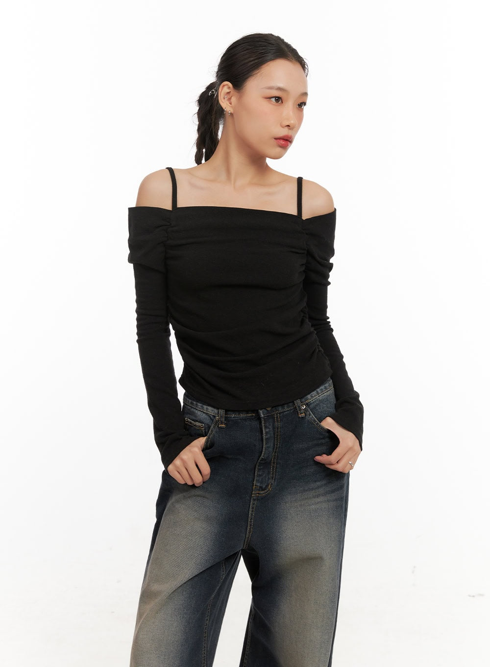 Shirred Off Shoulder Crop Top CD410
