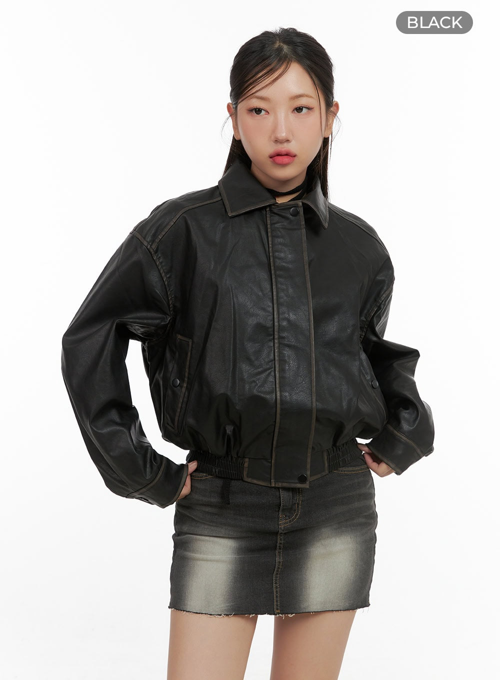 Zip-Up Faux Leather Crop Jacket CS405