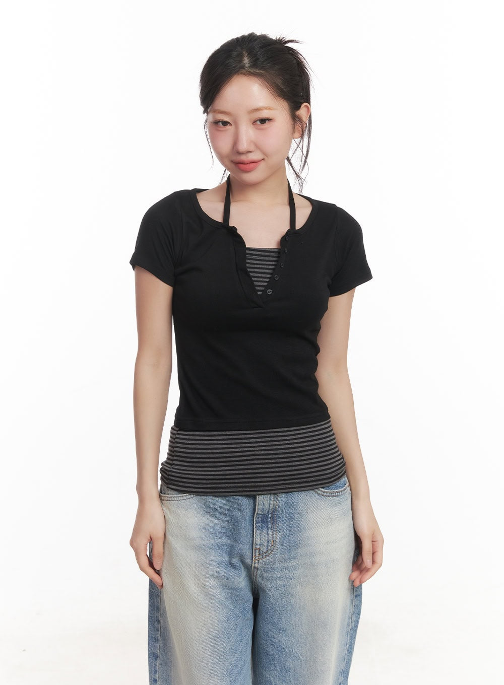 Layered Stripe Halter-Neck Buttoned Crop Top CA530