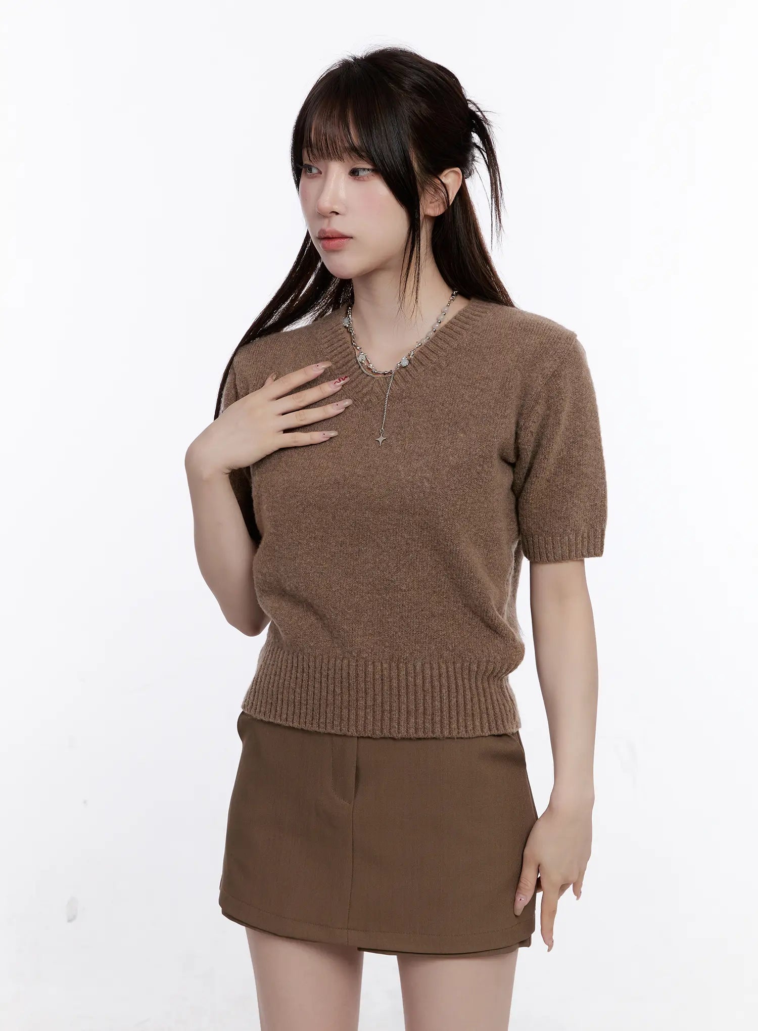 V-Neck Short Sleeve Knit Top CS530