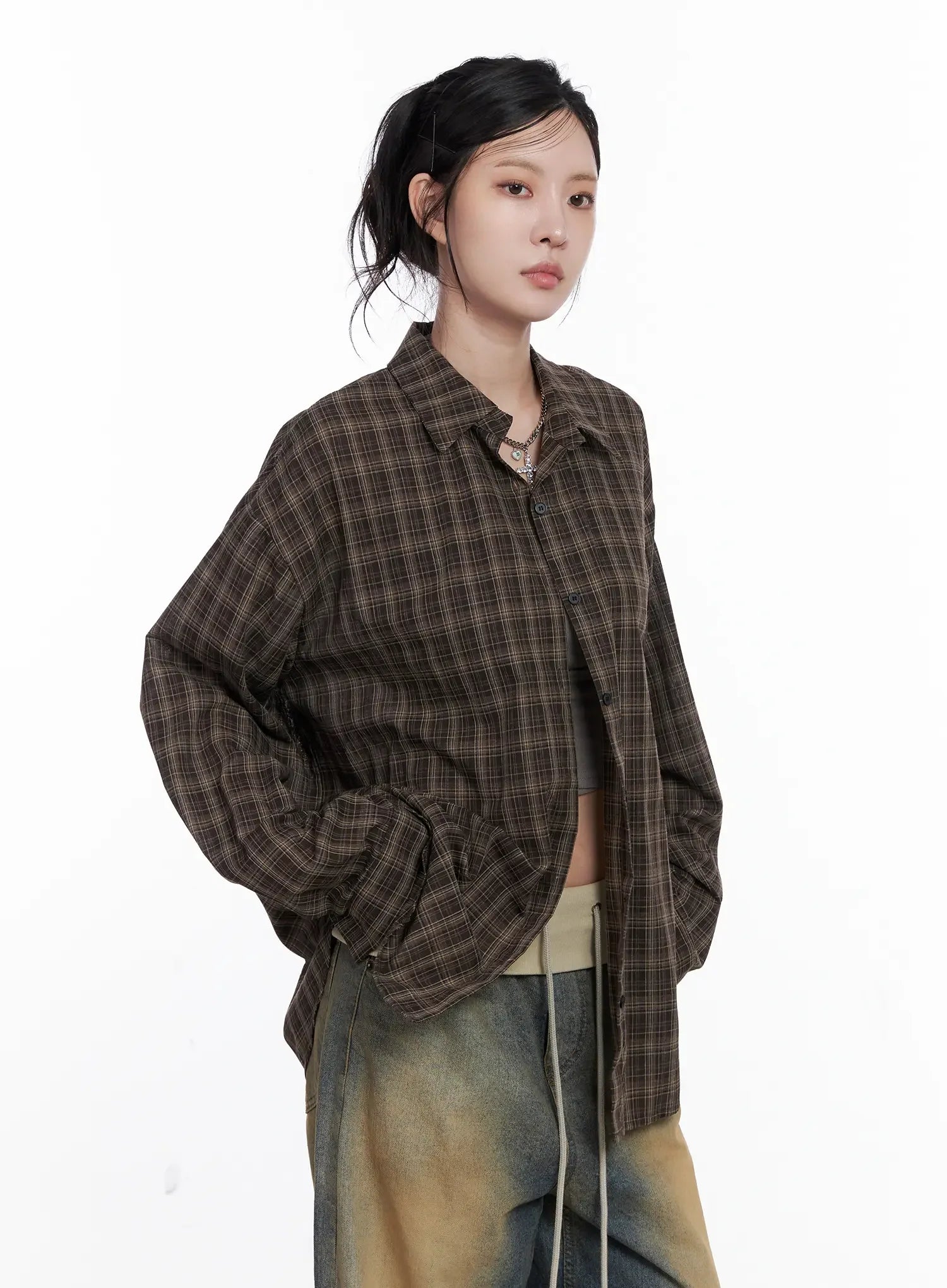 Oversized Plaid Button Up Shirt CS512