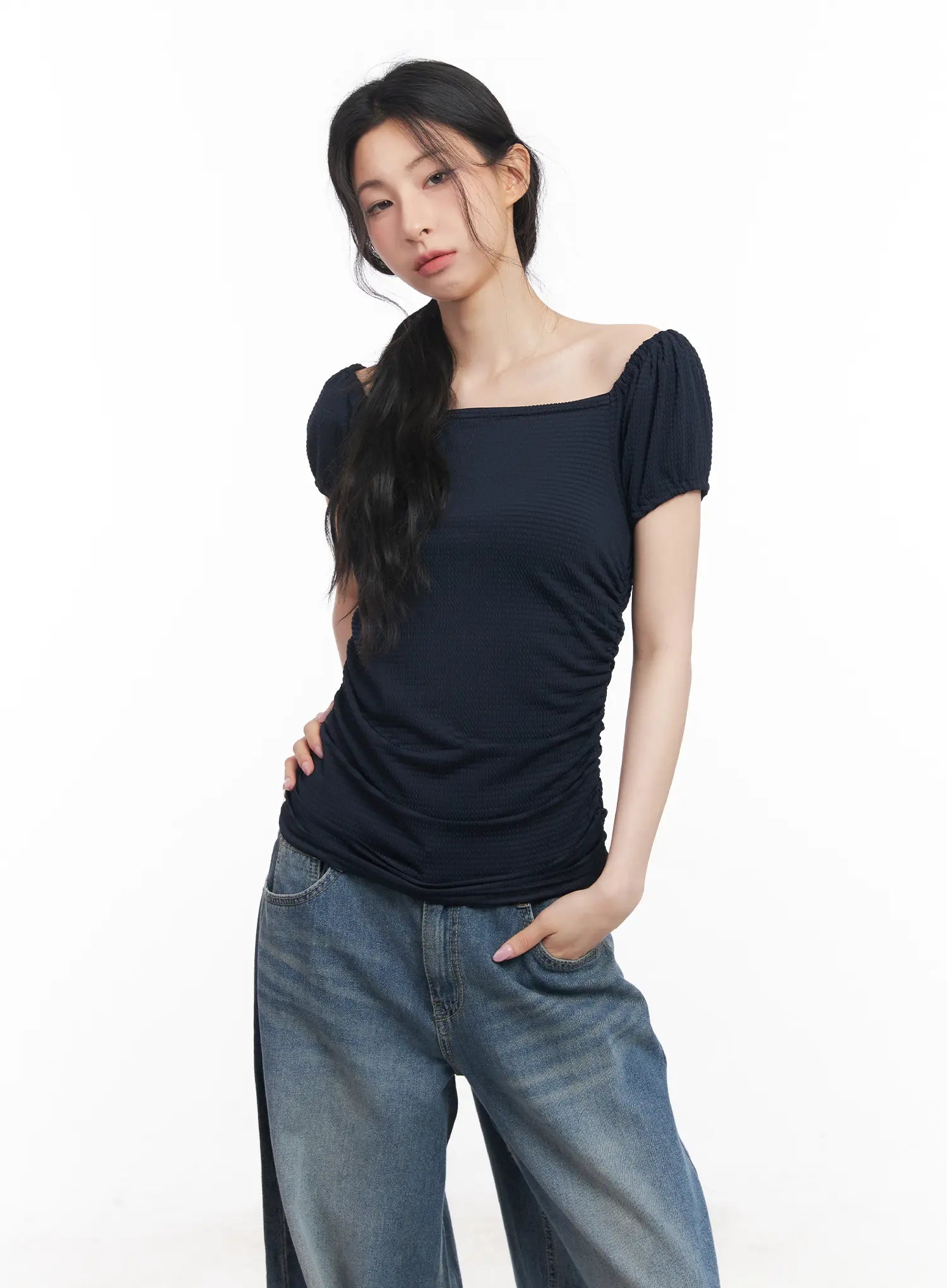 Shirred Puff-Sleeve Crop Top CU511