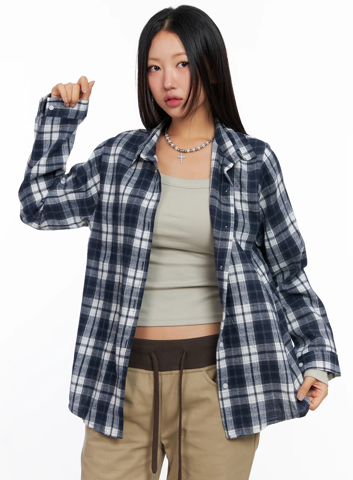 Oversized Plaid Long Sleeve Flannel Shirt CO515