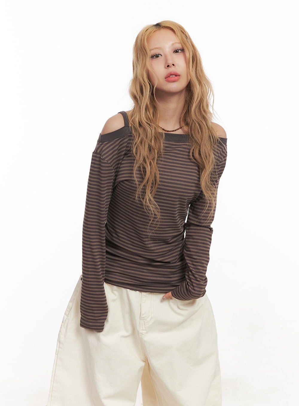 Striped Long-Sleeve Off-Shoulder Top CM506