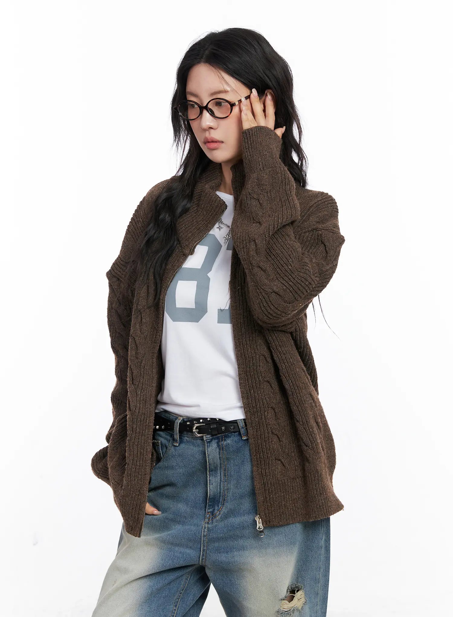Oversized Cable Knit Zip-Up Sweater CO508