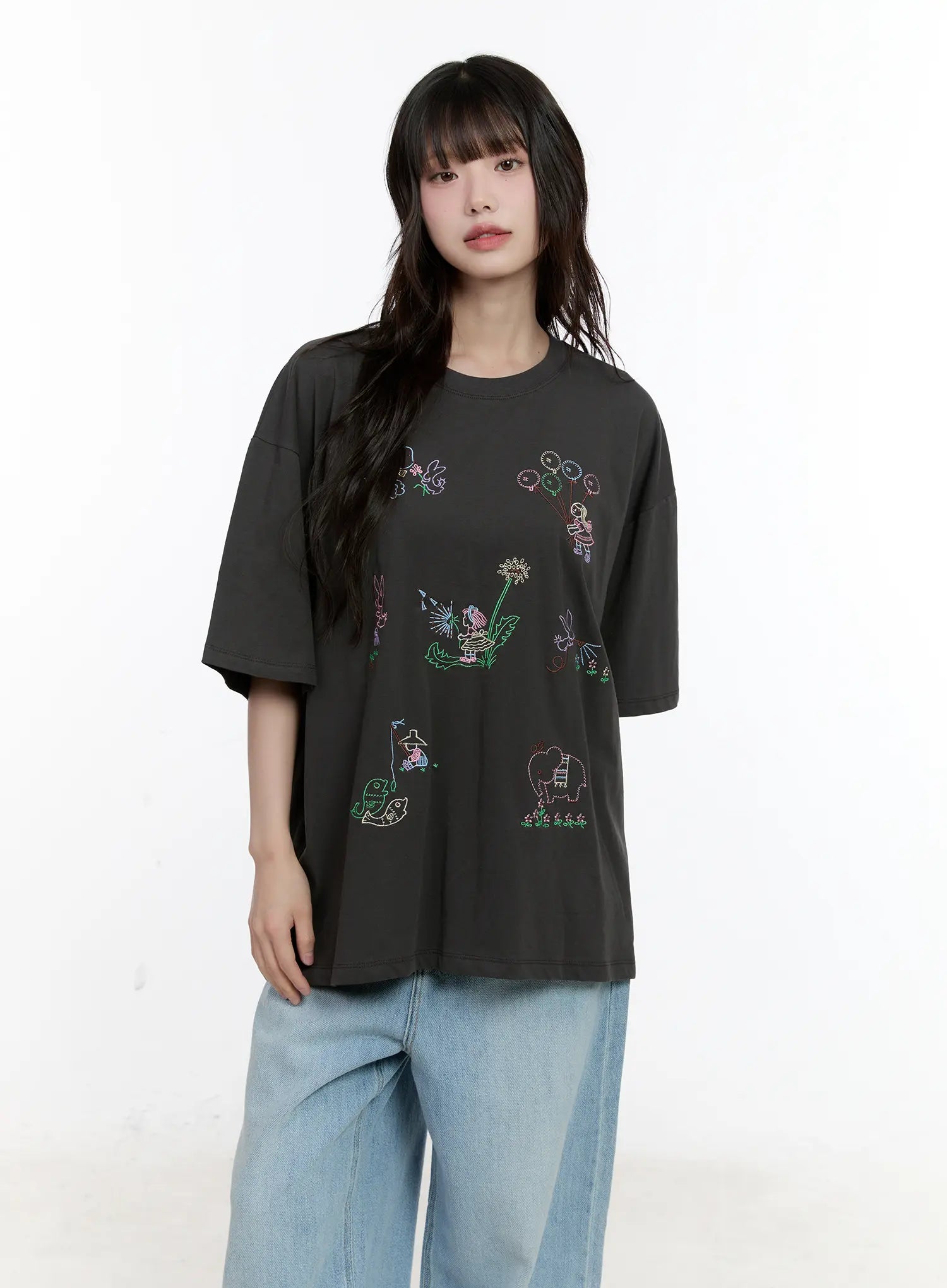 Whimsical Embroidered Oversized T-Shirt CL507