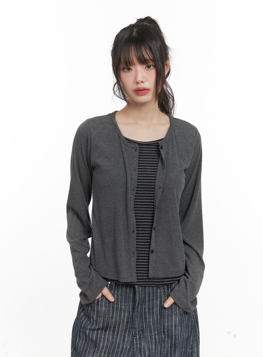 Striped Layered Buttoned Cardigan CJ528
