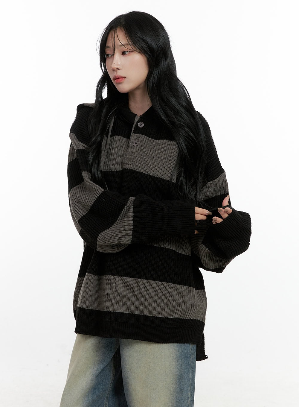 Buttoned Stripe Hoodie Sweater CN408