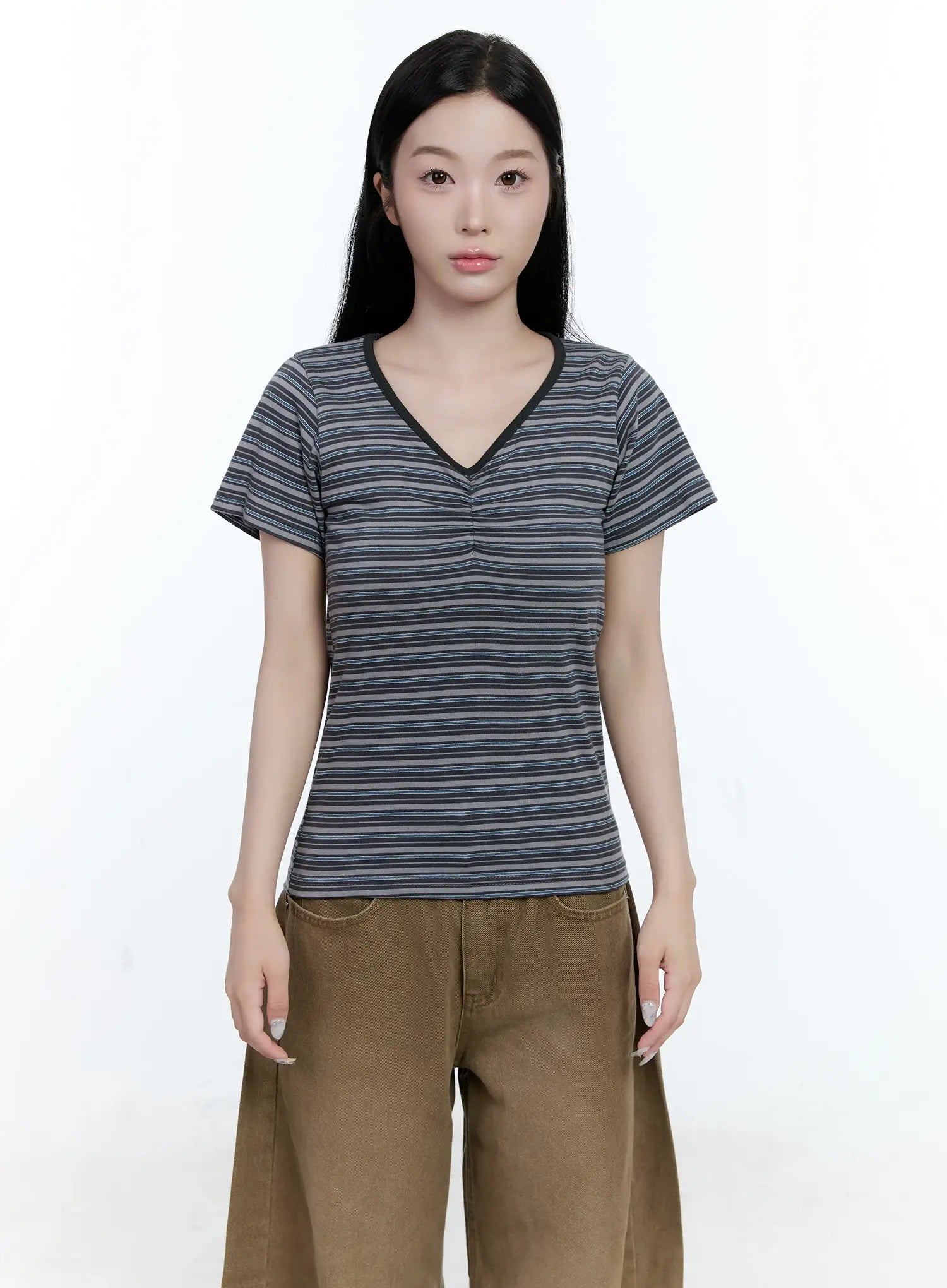 Striped V-Neck Shirred Tee CG501