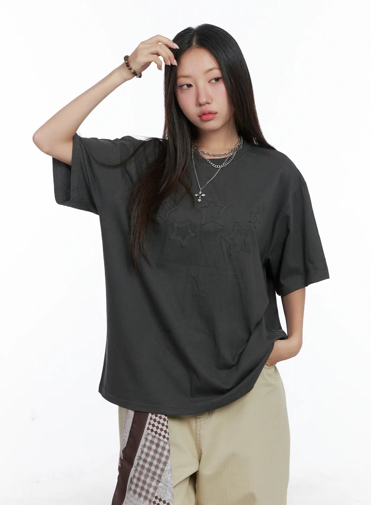 Oversized Embroidered Star Patch Tee CS503