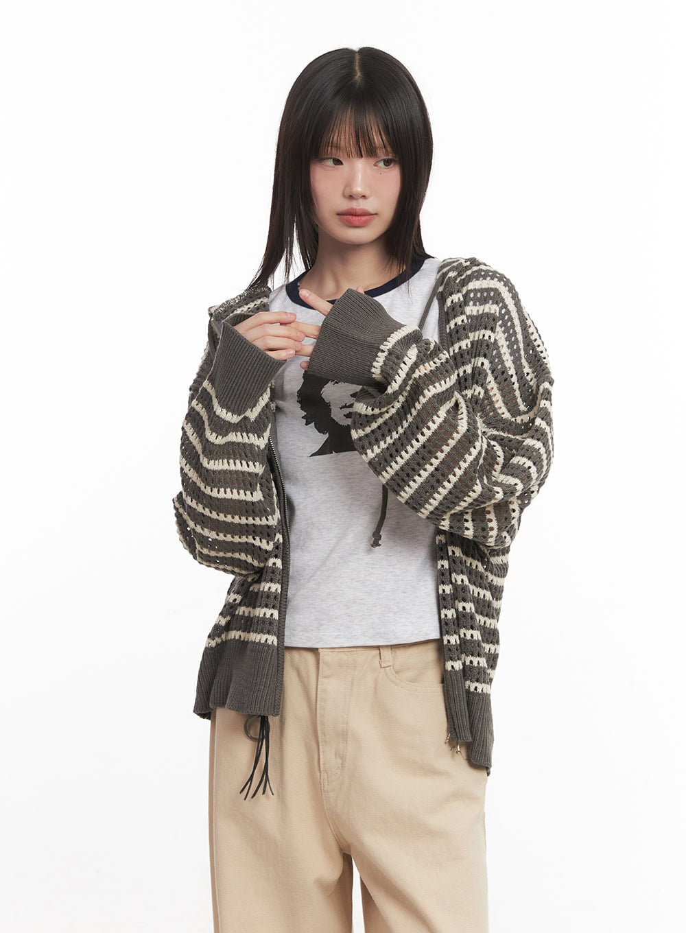 Striped Zip-Up Oversized Hooded Sweater CM520