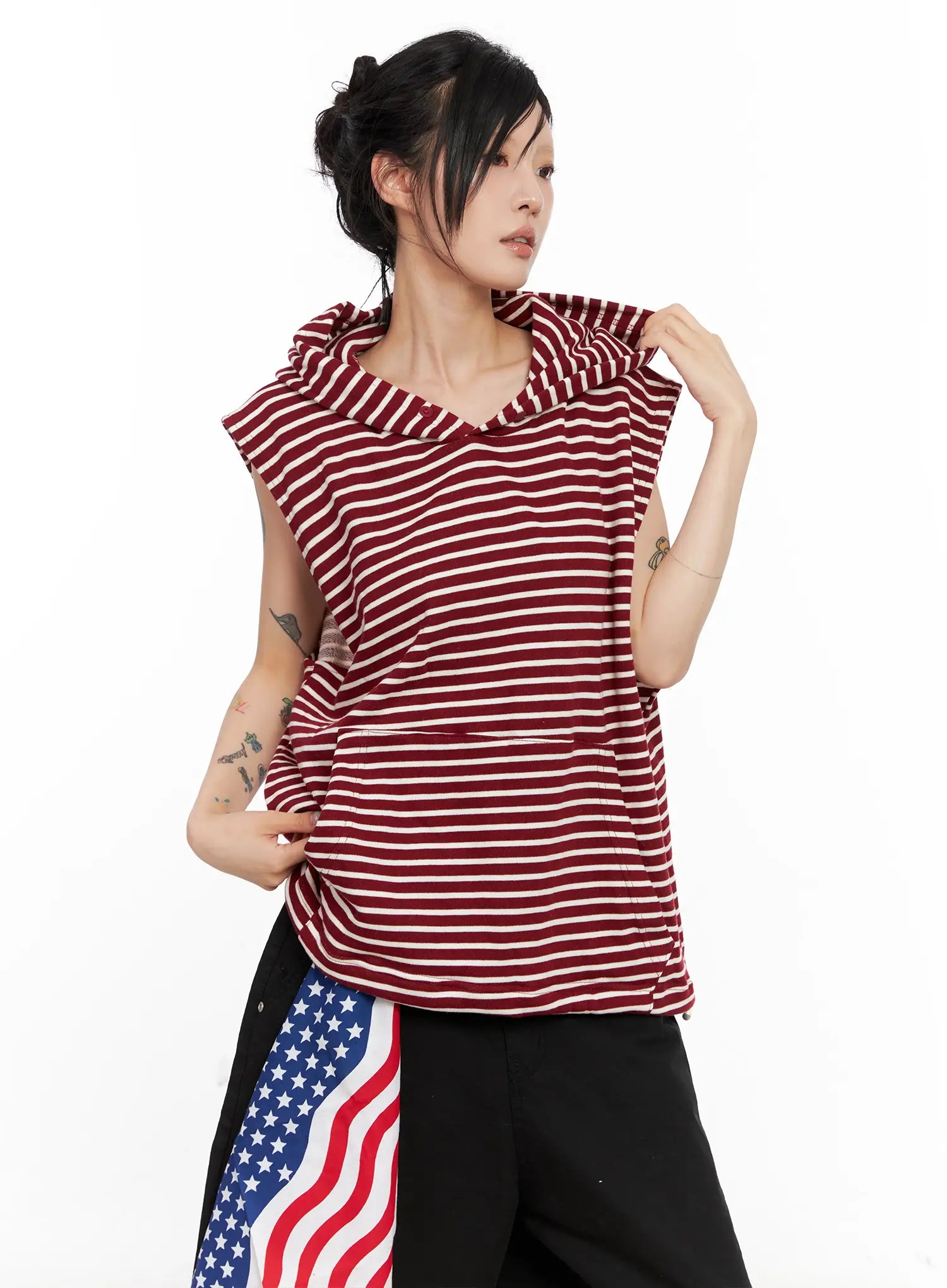 Oversized Striped Sleeveless Hoodie CL525